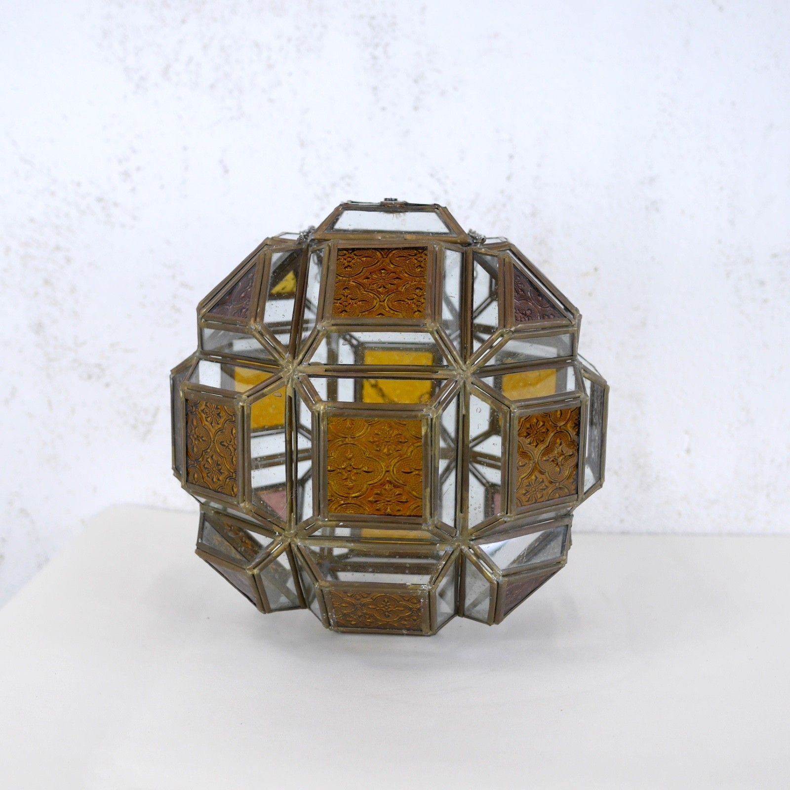 Lighting Antique Art Glass Amber Brass Hall Lantern Light Pendent French #103088 photo