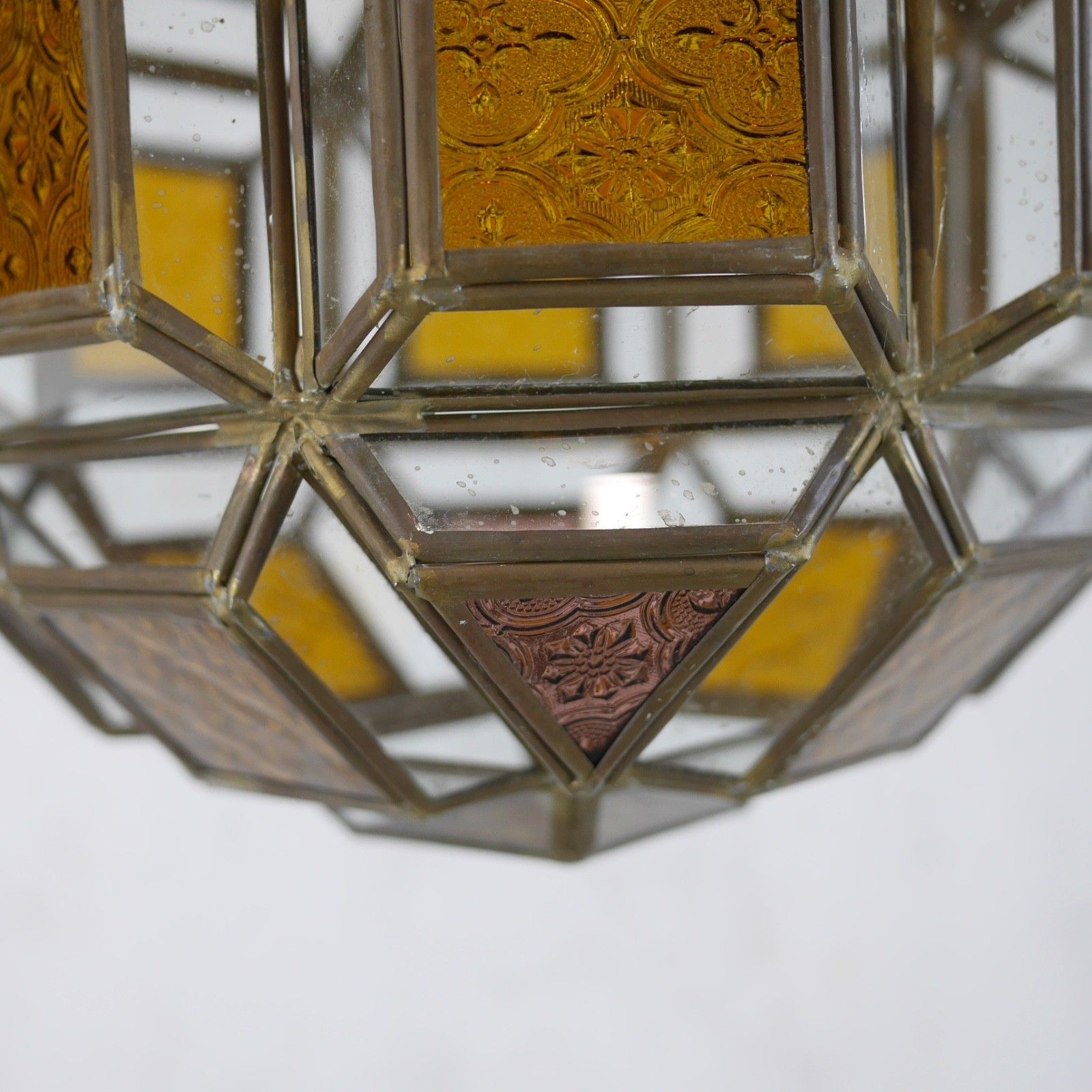354.0 Antique Art Glass Amber Brass Hall Lantern Light Pendent French #103088 photo