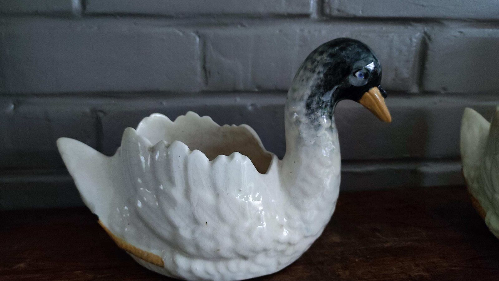photo for sale Antique Majolica White Swan Vases Pair, 1900s Nimy