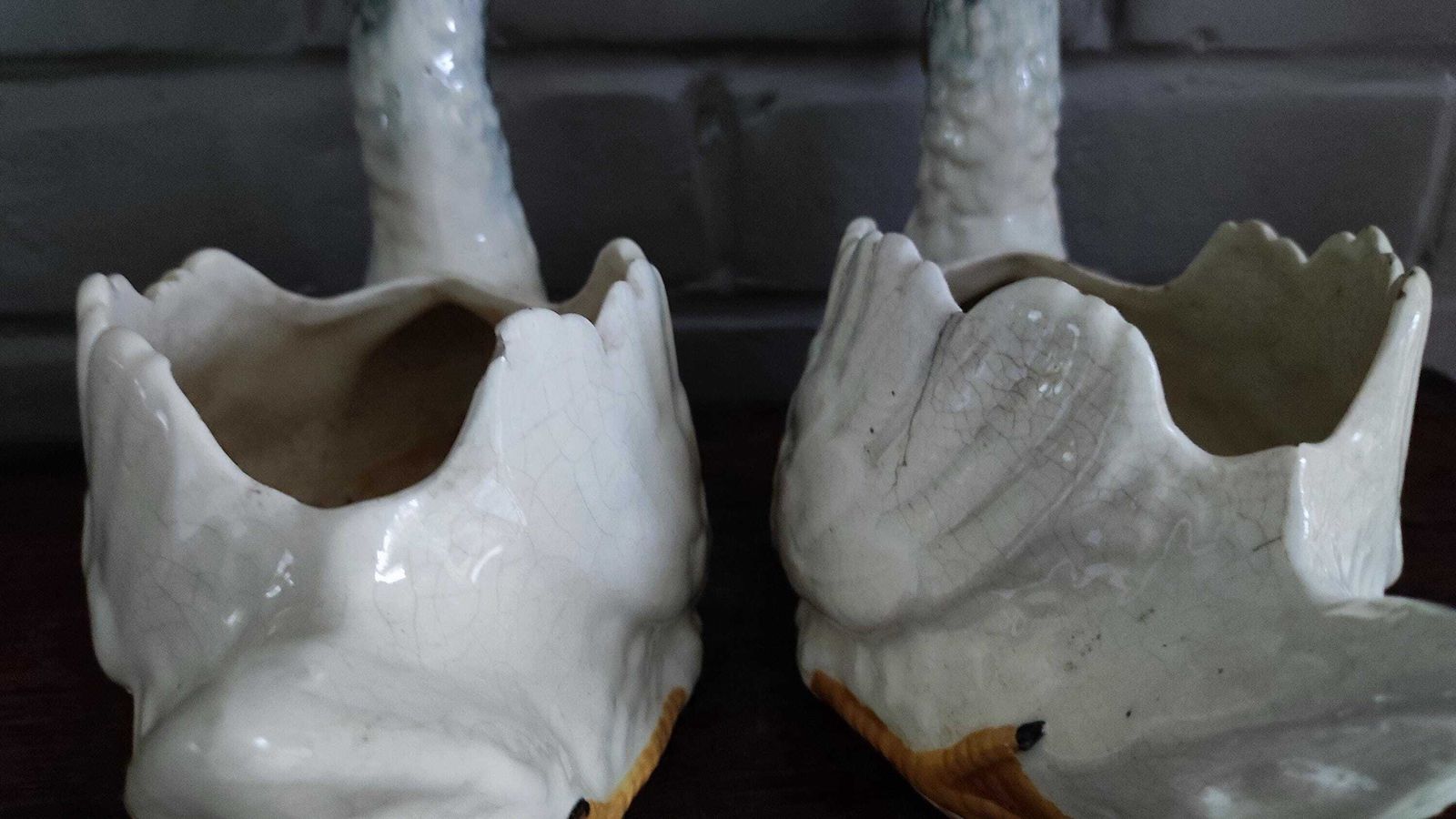 photo buy Antique Majolica White Swan Vases Pair, 1900s Nimy