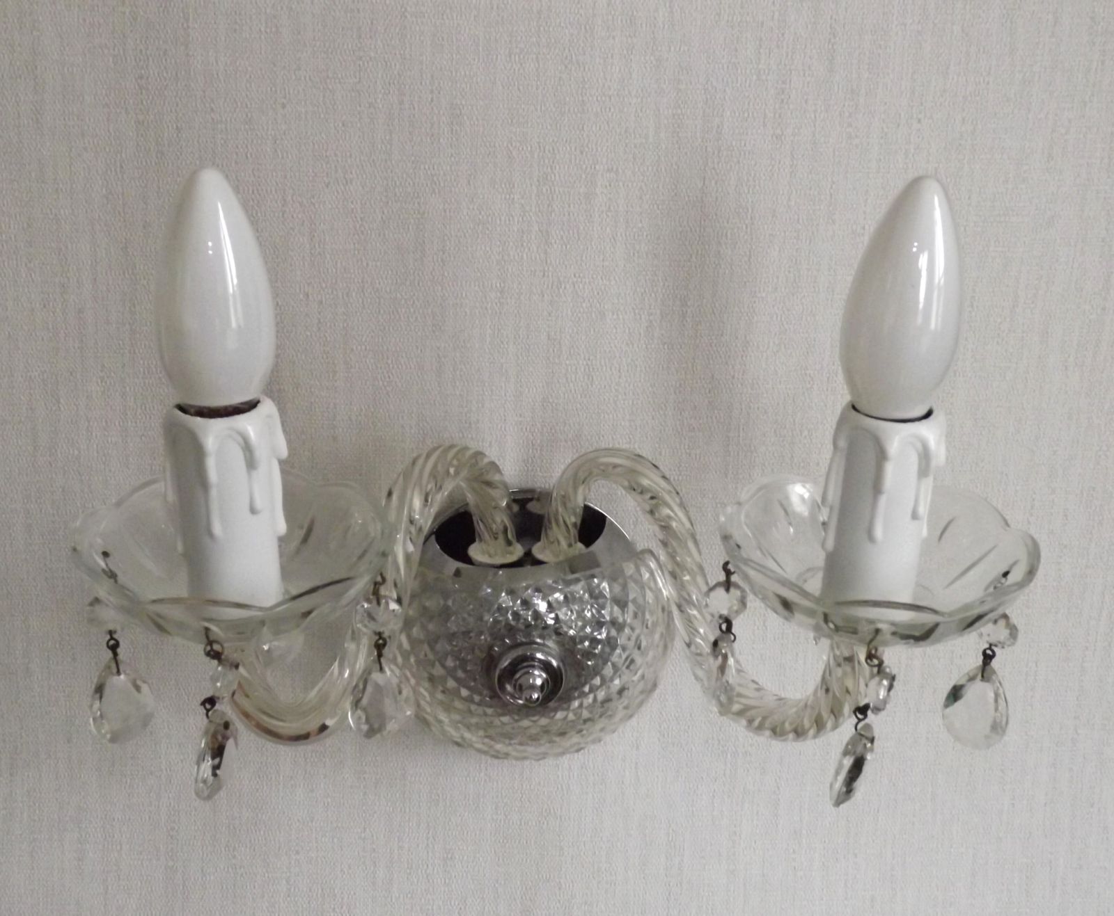 Lighting Pair French Vintage Double Crystal Wall Lights With Barley Twist Glass Arms photo