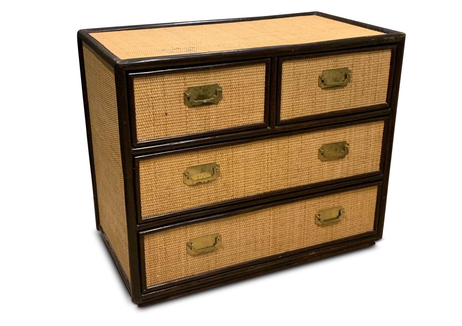 Mid Century Organic Chest Of Drawers Rattan, Ebonised Wood With Brass Handles photo for sale