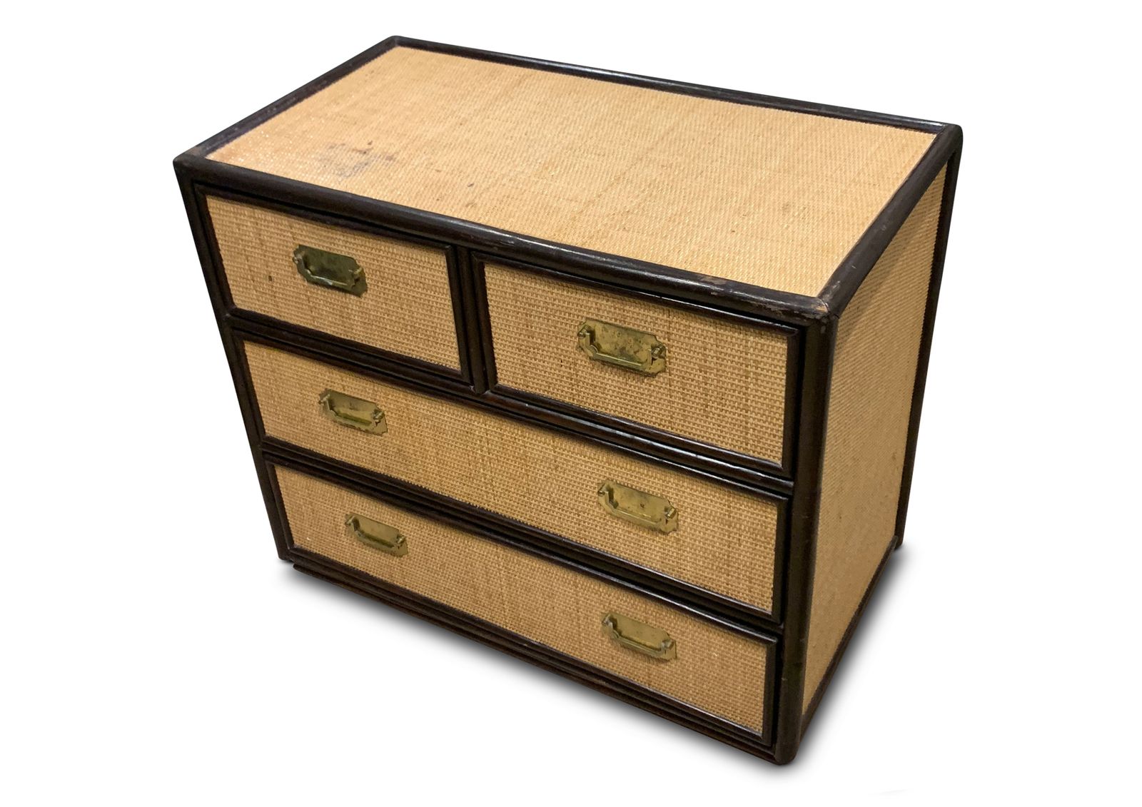 Mid Century Organic Chest Of Drawers Rattan, Ebonised Wood With Brass Handles photo vinterior