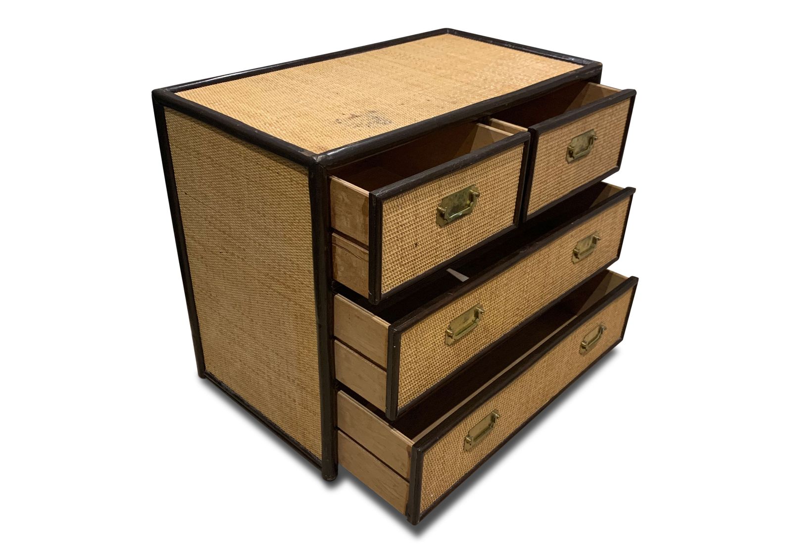 Mid Century Organic Chest Of Drawers Rattan, Ebonised Wood With Brass Handles photo vintage