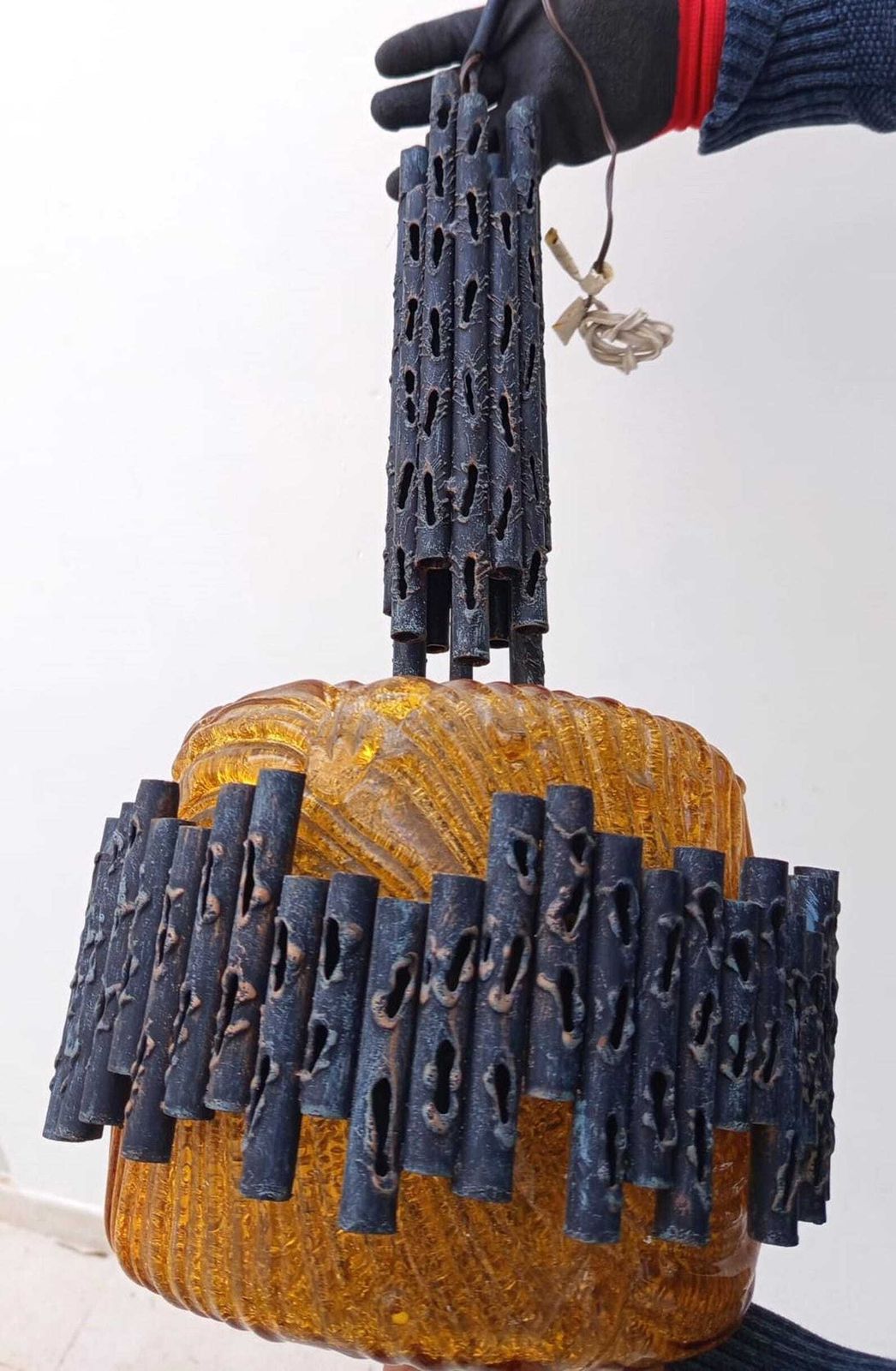 photo for sale Brutalist Chandelier In Iron And Amber Glass, Vintage Design By Marcello Fantoni.