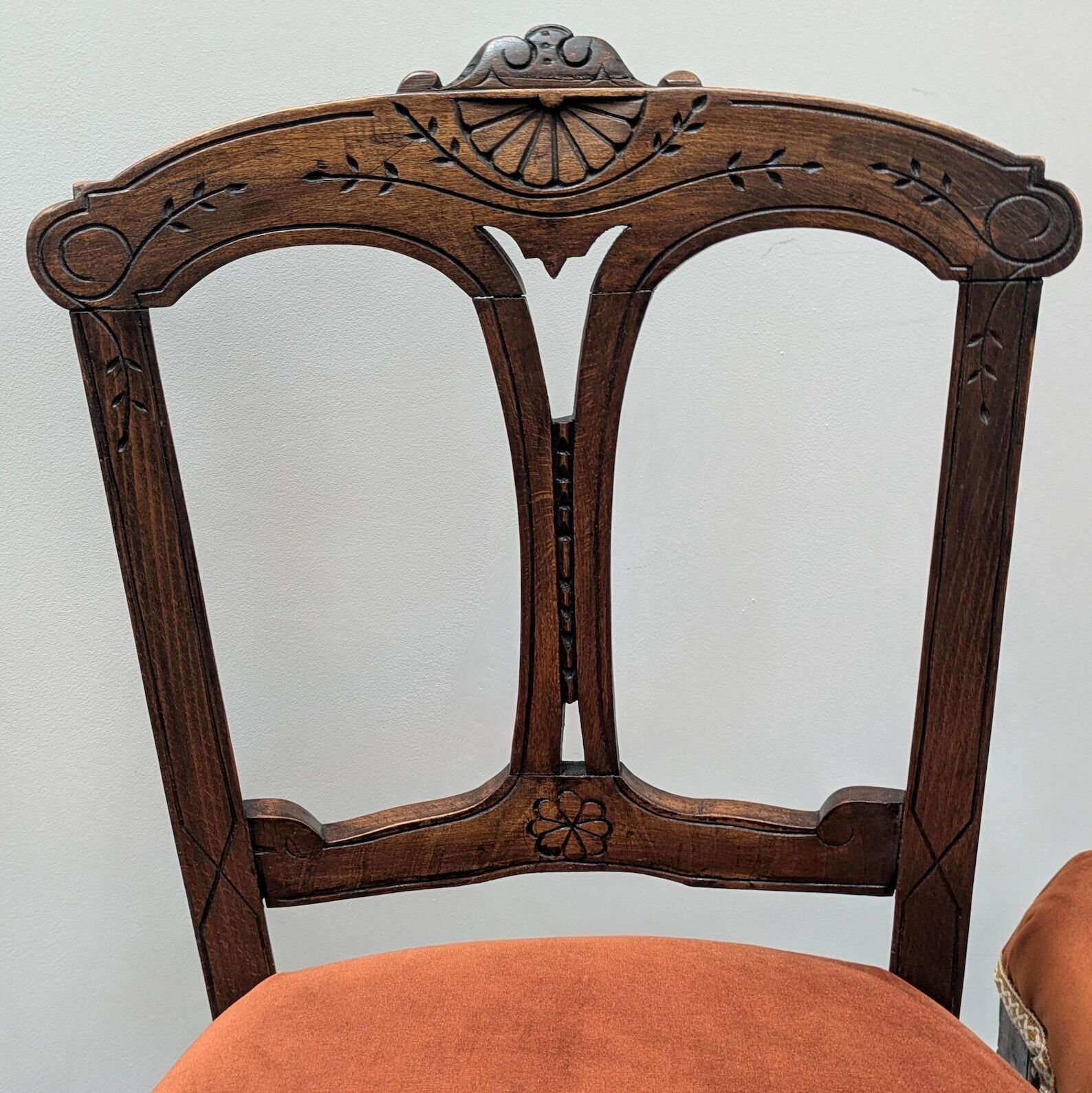 Pair Of Antique Victorian Shield Back Accent Chairs Reupholstered In Burnt Orange Velvet With Pom Pom Trim photo 280.0