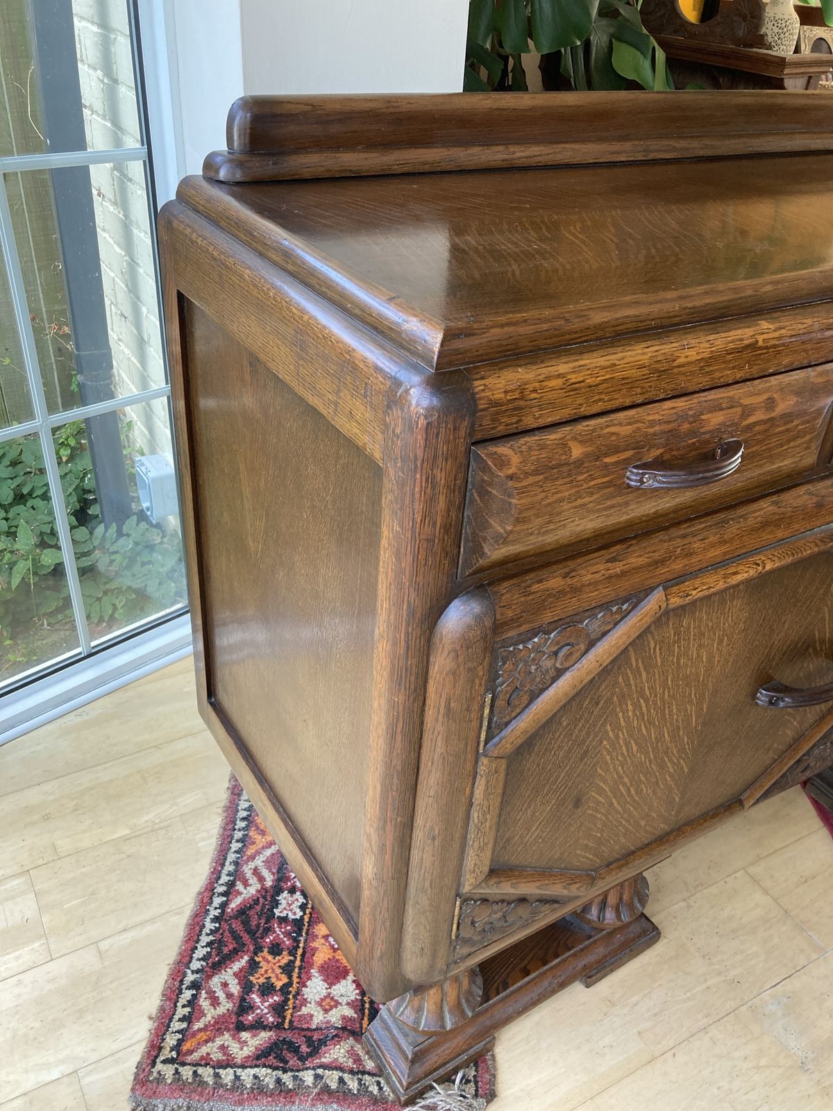 Art Deco 1940’s Mid Oak Sideboard  Geometric Doors With Bulbous Ornate Legs photo for sale