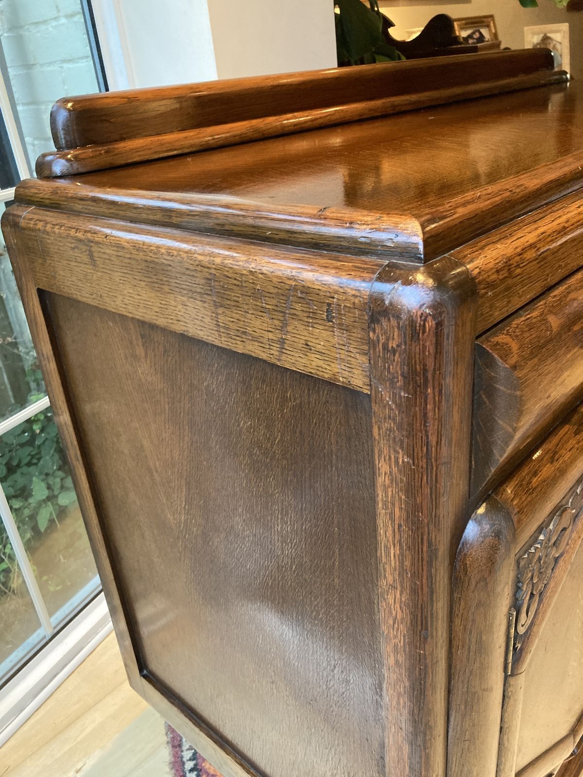 Art Deco 1940’s Mid Oak Sideboard  Geometric Doors With Bulbous Ornate Legs photo buy