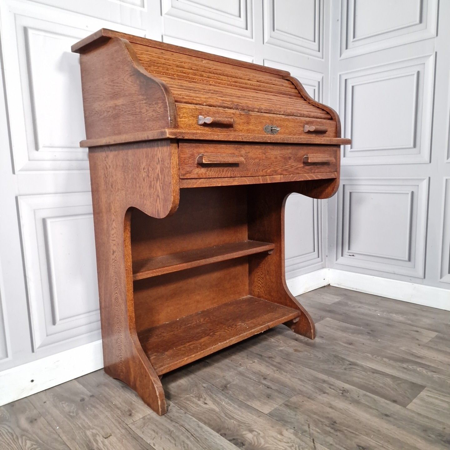 Antique Roll Top Desk Edwardian Oak Bureau With Tambour Door Single Drawers photo furniture
