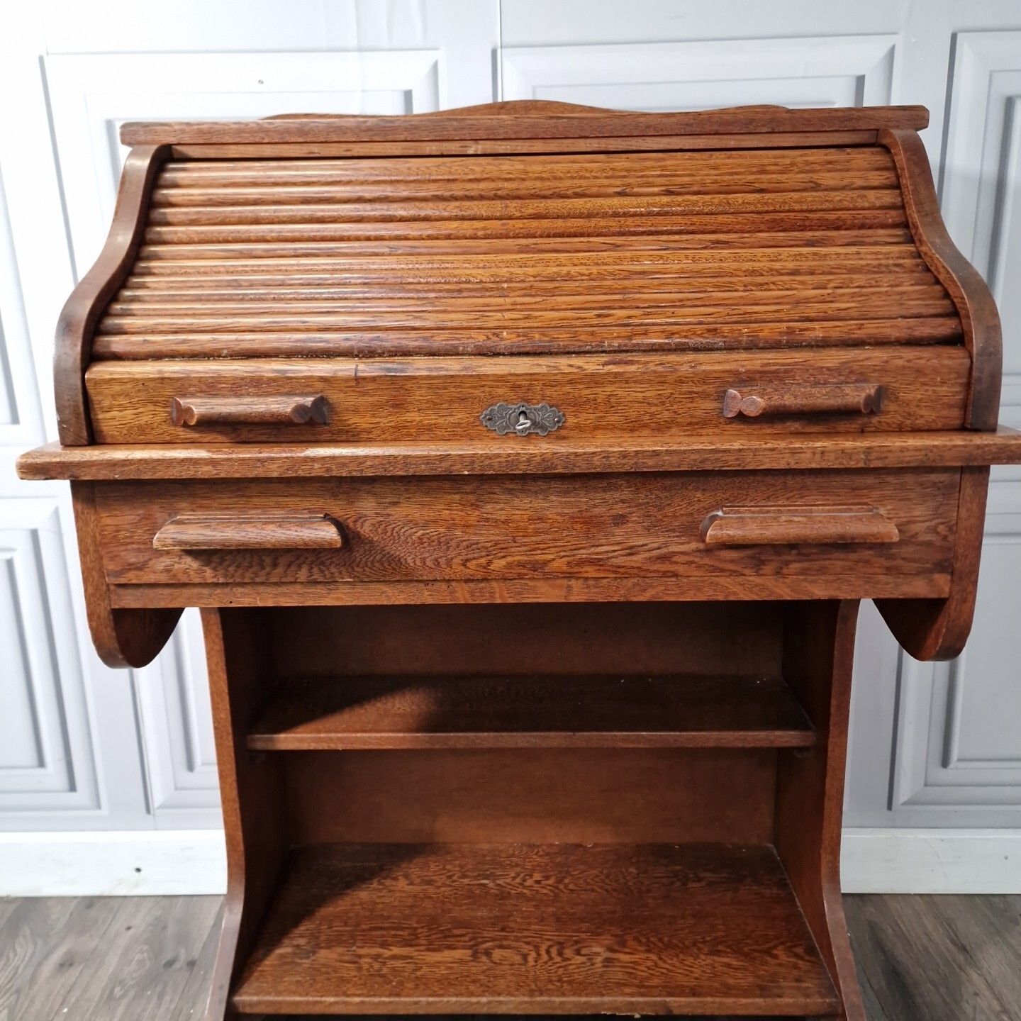 Antique Roll Top Desk Edwardian Oak Bureau With Tambour Door Single Drawers photo vintage