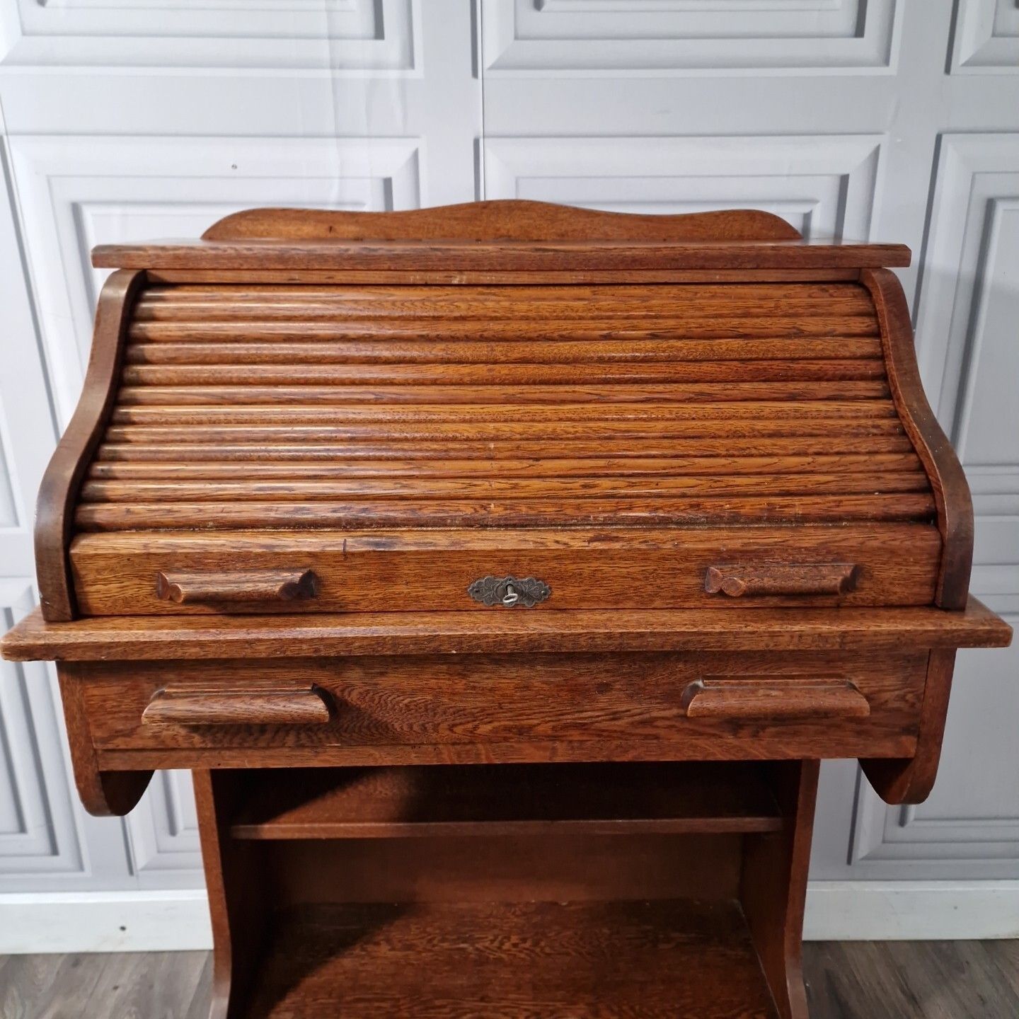 330.0 Antique Roll Top Desk Edwardian Oak Bureau With Tambour Door Single Drawers photo
