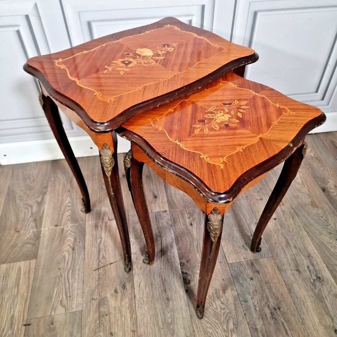 Antique Nest Of Tables Vintage Parquetry Inlaid Wooden Queen Anne Legs