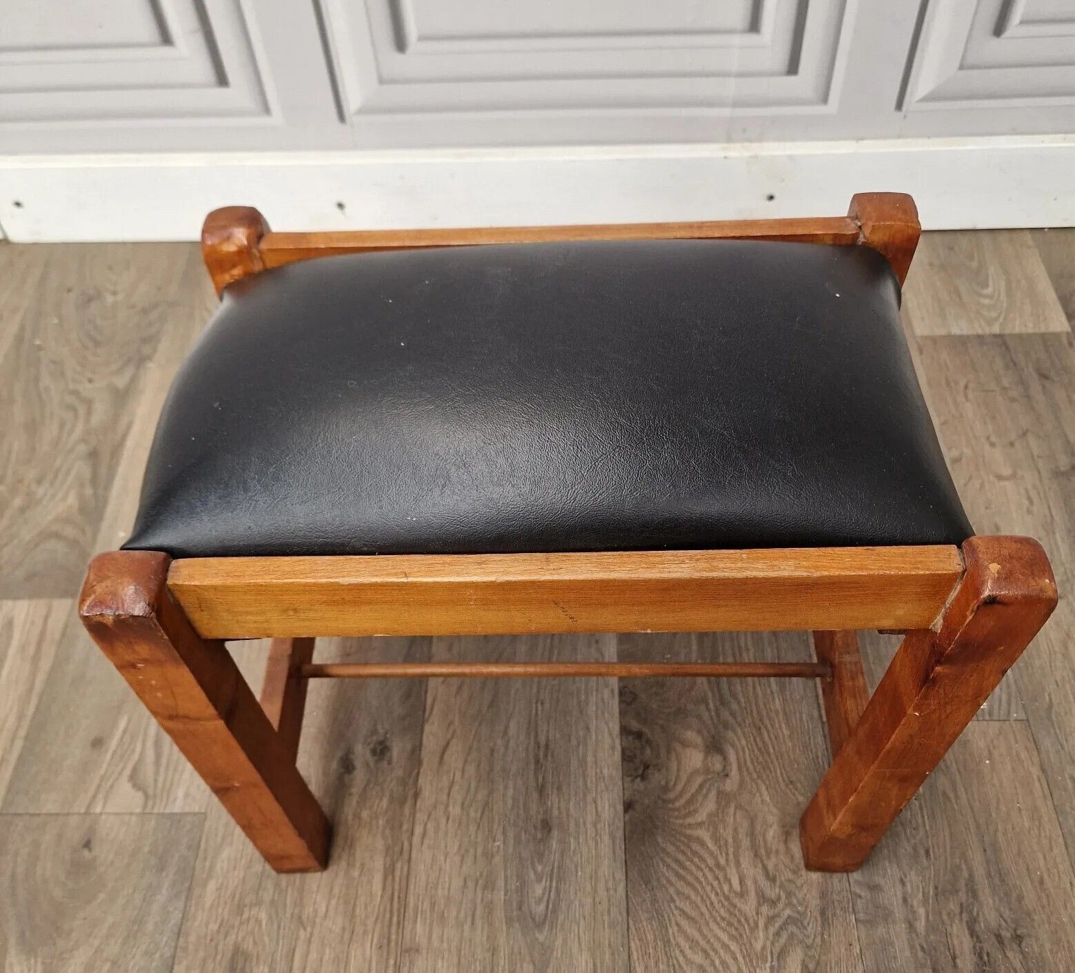 Retro Vinyl Foot Stool Vintage Solid Wooden Faux Leather Antique Art Deco photo vinterior