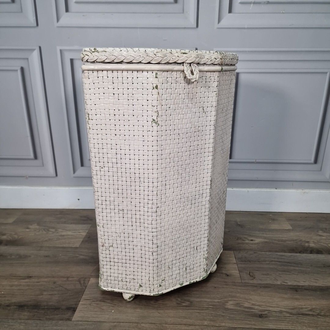 Retro Linen Storage Ottoman Vintage Hexagonal Lloyd Loom Trunk Blanket Box photo for sale
