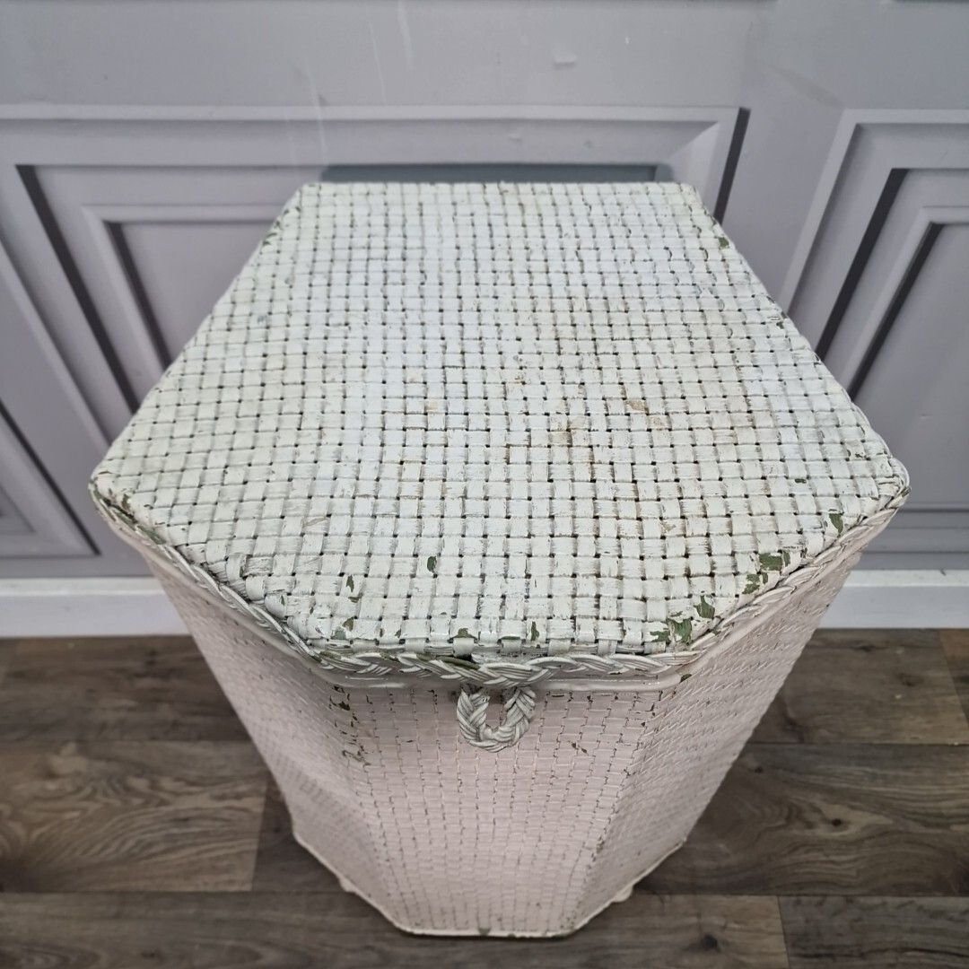 Retro Linen Storage Ottoman Vintage Hexagonal Lloyd Loom Trunk Blanket Box photo 55.0