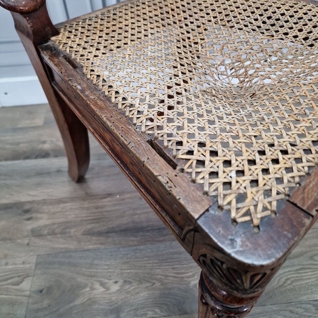 Antique Carved Chair Solid Wooden Turned Decorative Cane Rattan Hall Occasional photo 120.0