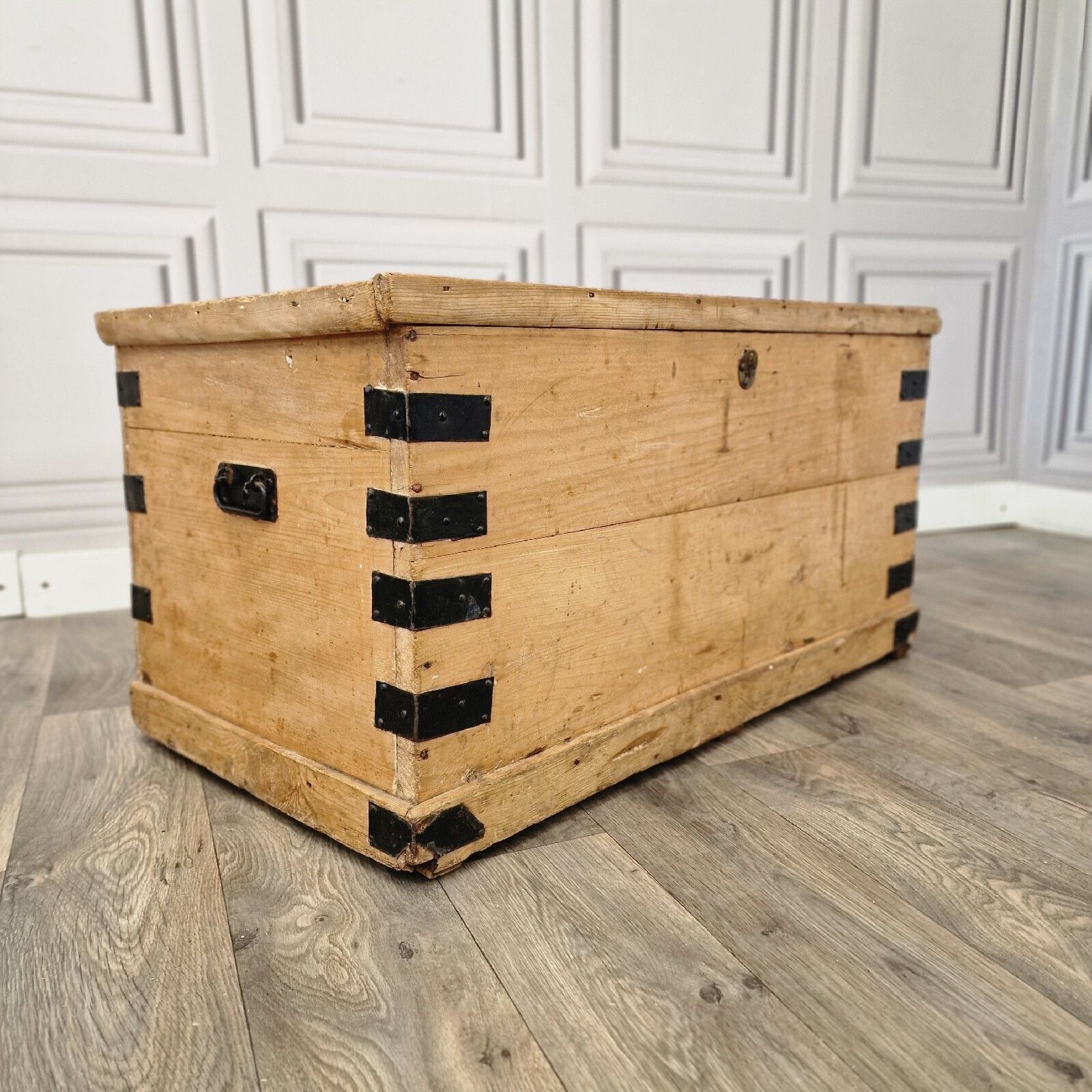 Antique Pine Trunk Chest Victorian Solid Wood Old Blanket Box Coffee Table
