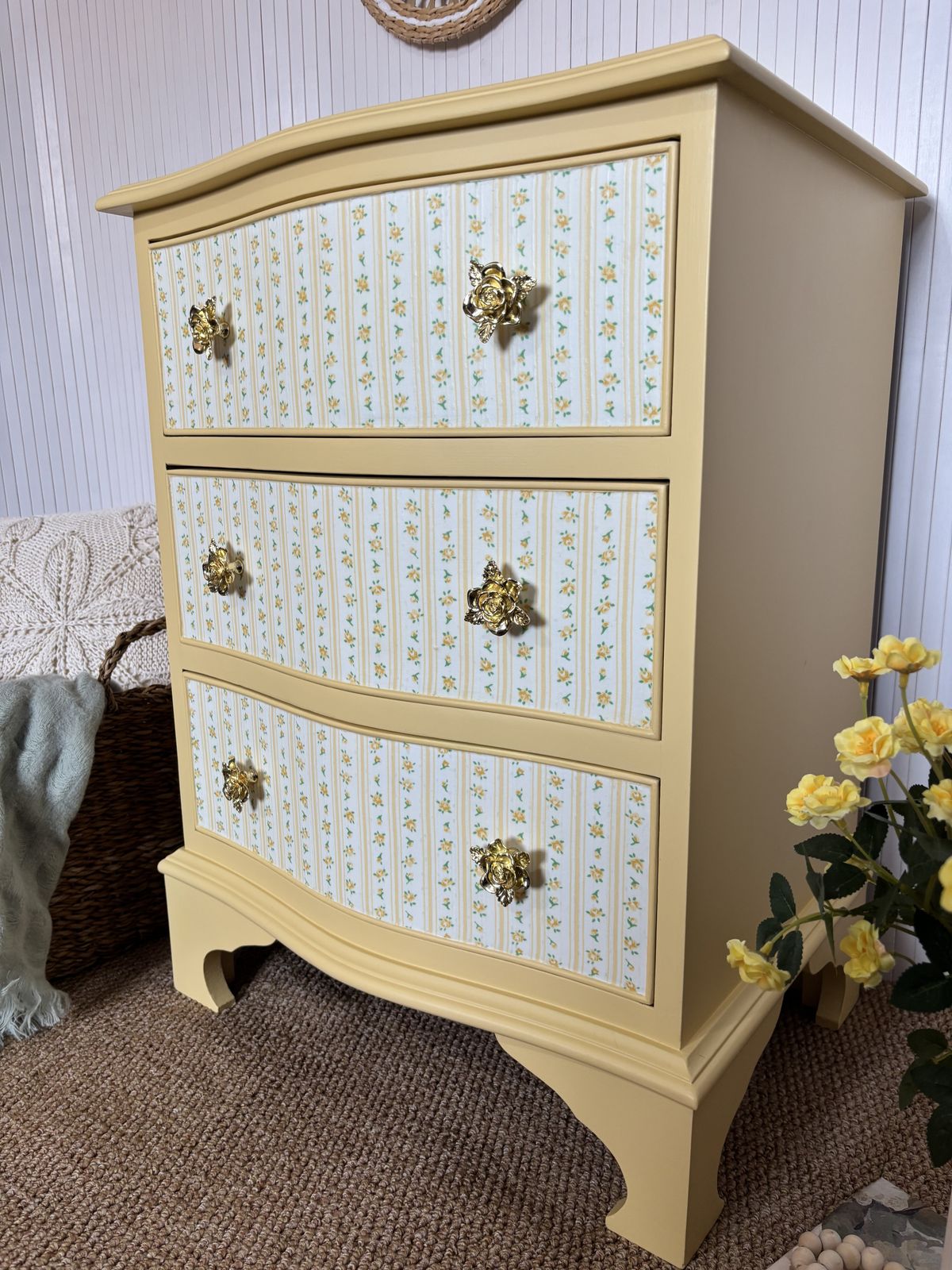 Upcycled Small Chest Of Drawers In Butter Yellow With Floral Drawers And Gold Rose Pulls photo for sale