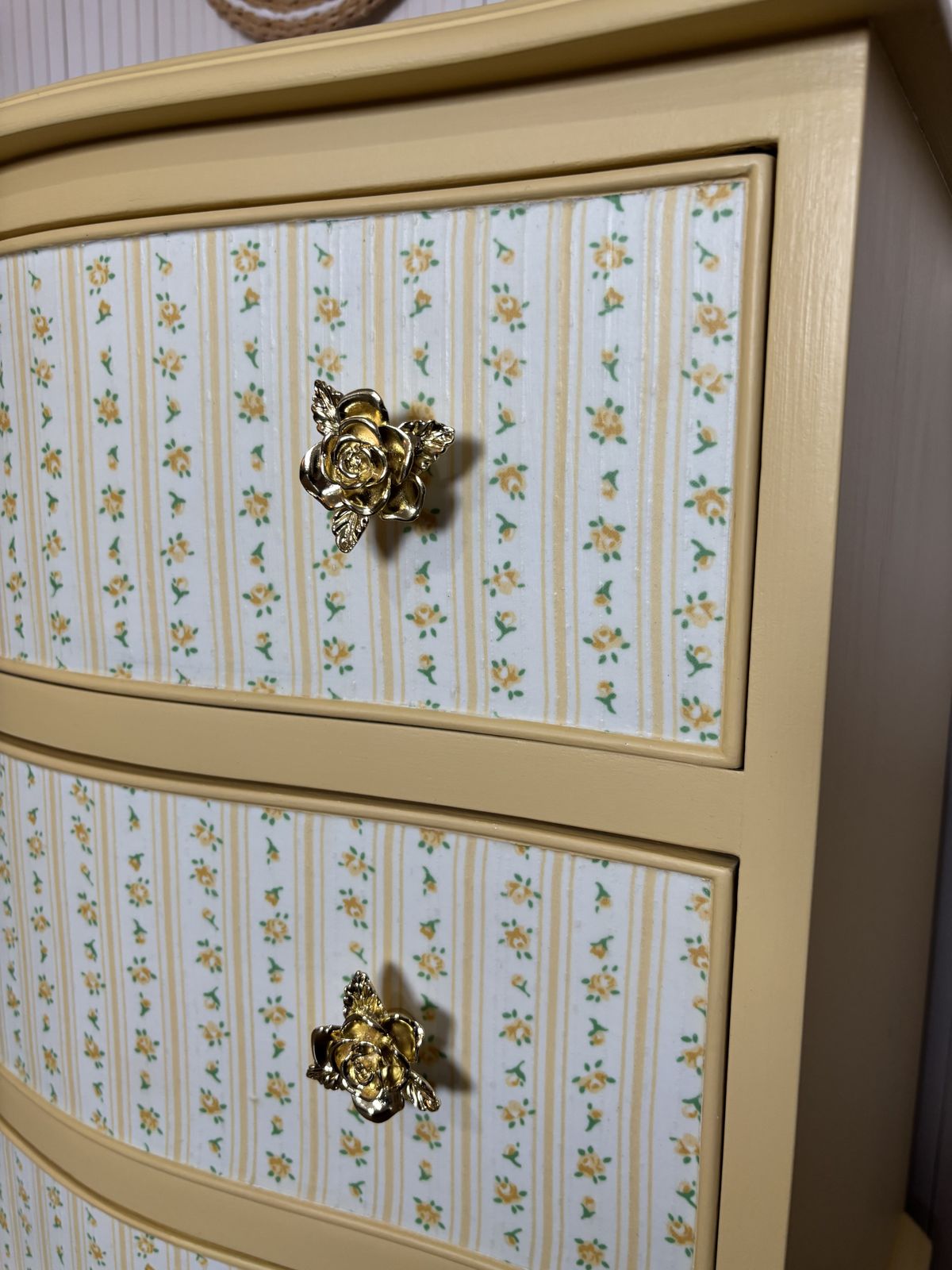 Upcycled Small Chest Of Drawers In Butter Yellow With Floral Drawers And Gold Rose Pulls photo Furniture