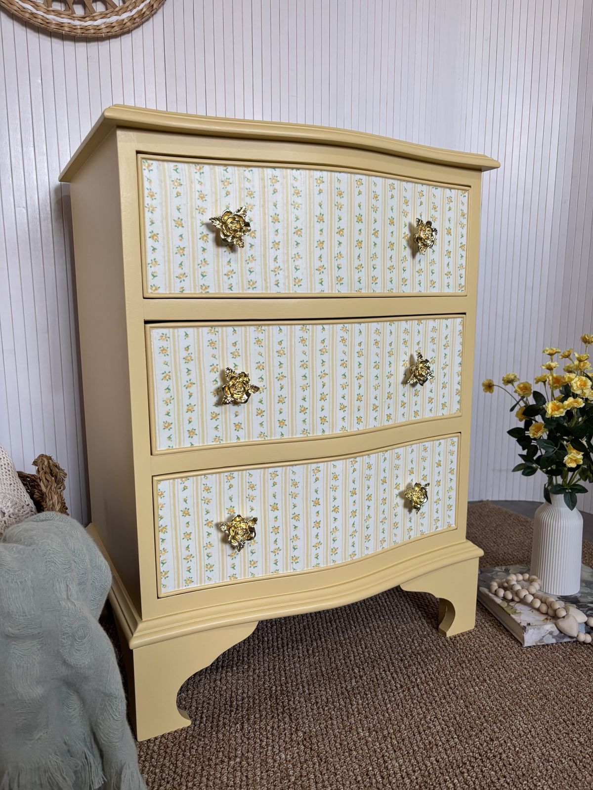 photo furniture Upcycled Small Chest Of Drawers In Butter Yellow With Floral Drawers And Gold Rose Pulls