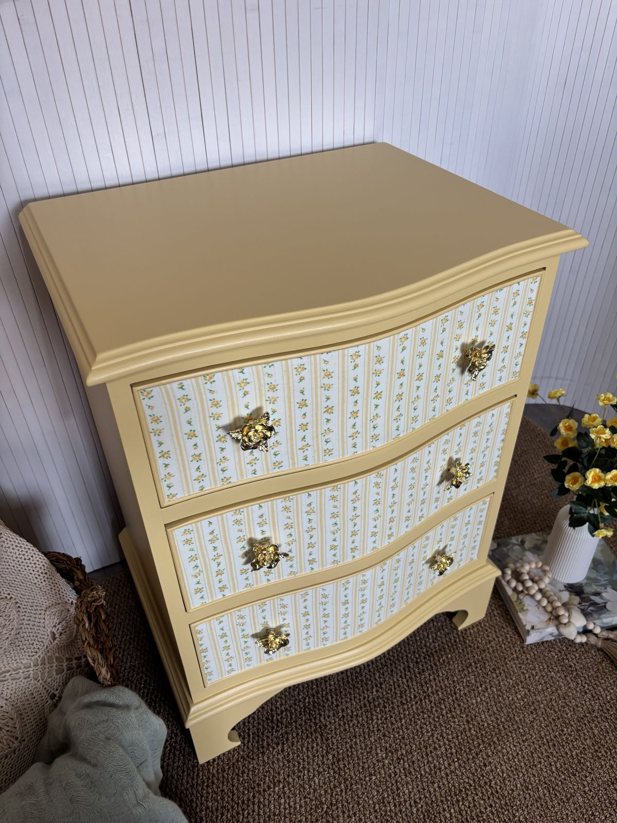 Furniture Upcycled Small Chest Of Drawers In Butter Yellow With Floral Drawers And Gold Rose Pulls photo
