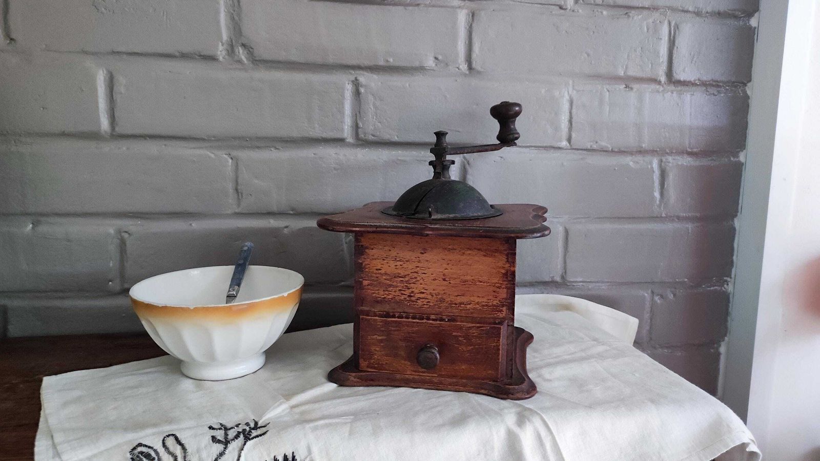 Large Antique Wooden Manual Coffee Grinder, French Counter Spice Mill