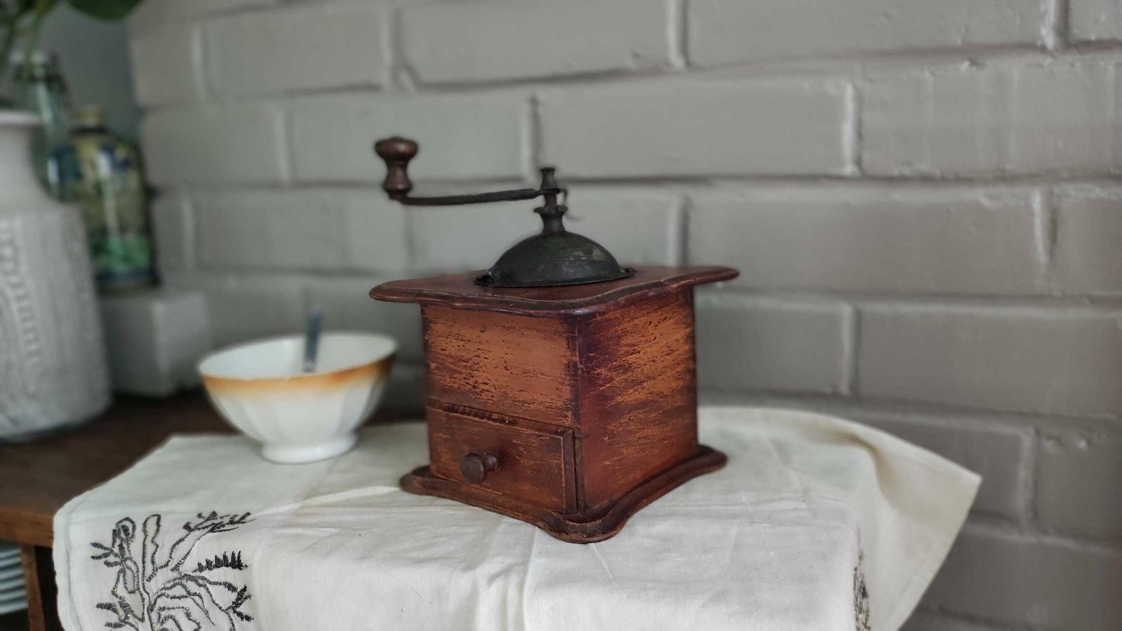 Large Antique Wooden Manual Coffee Grinder, French Counter Spice Mill photo furniture