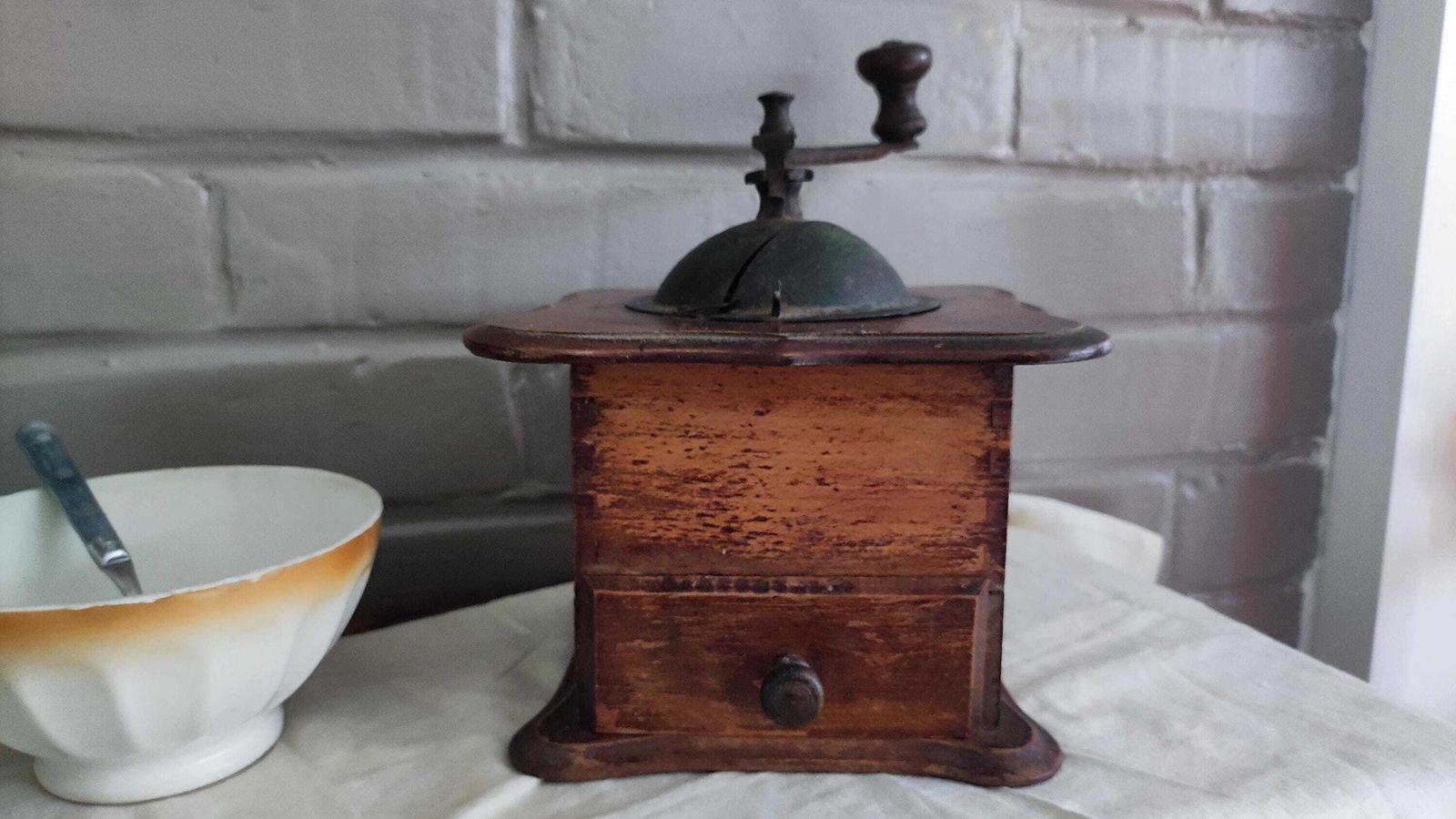 photo for sale Large Antique Wooden Manual Coffee Grinder, French Counter Spice Mill