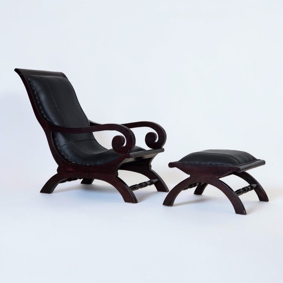 1970s, Vintage Armchair With Footstool, Black Furniture Leather.