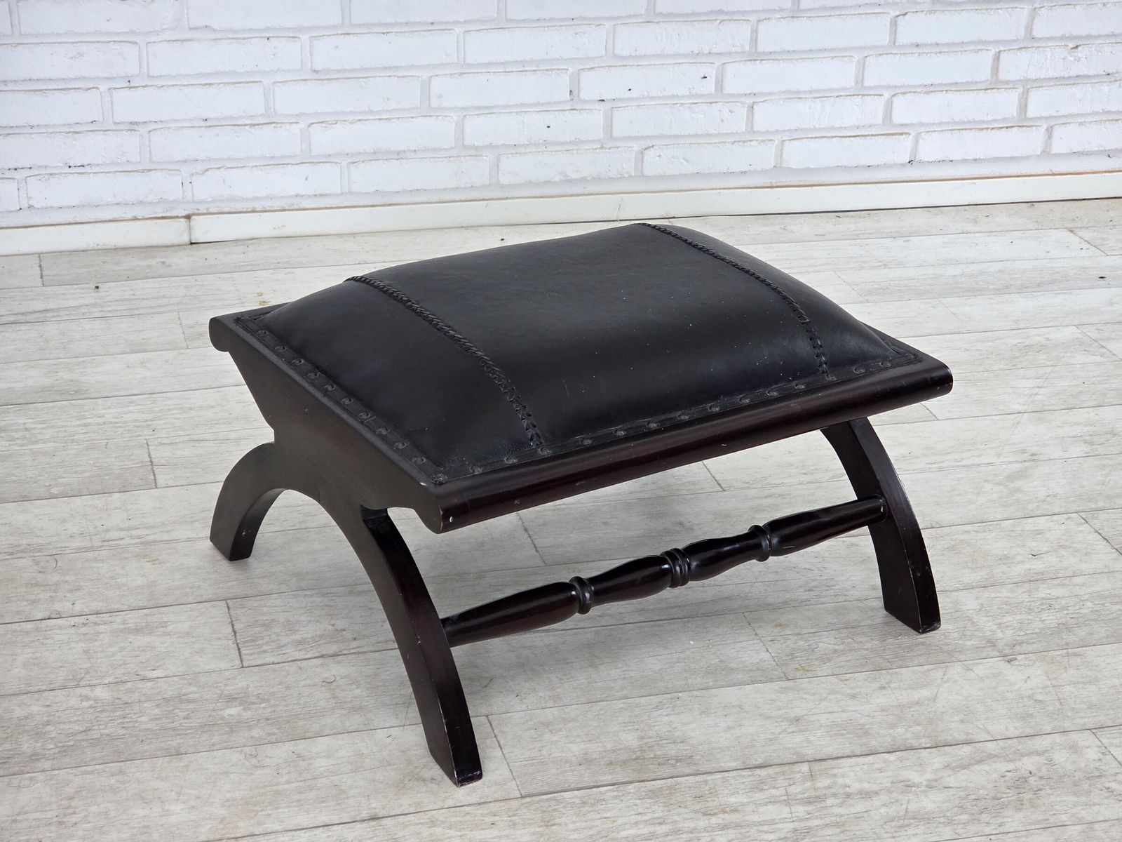 1970s, Vintage Armchair With Footstool, Black Furniture Leather. photo for sale