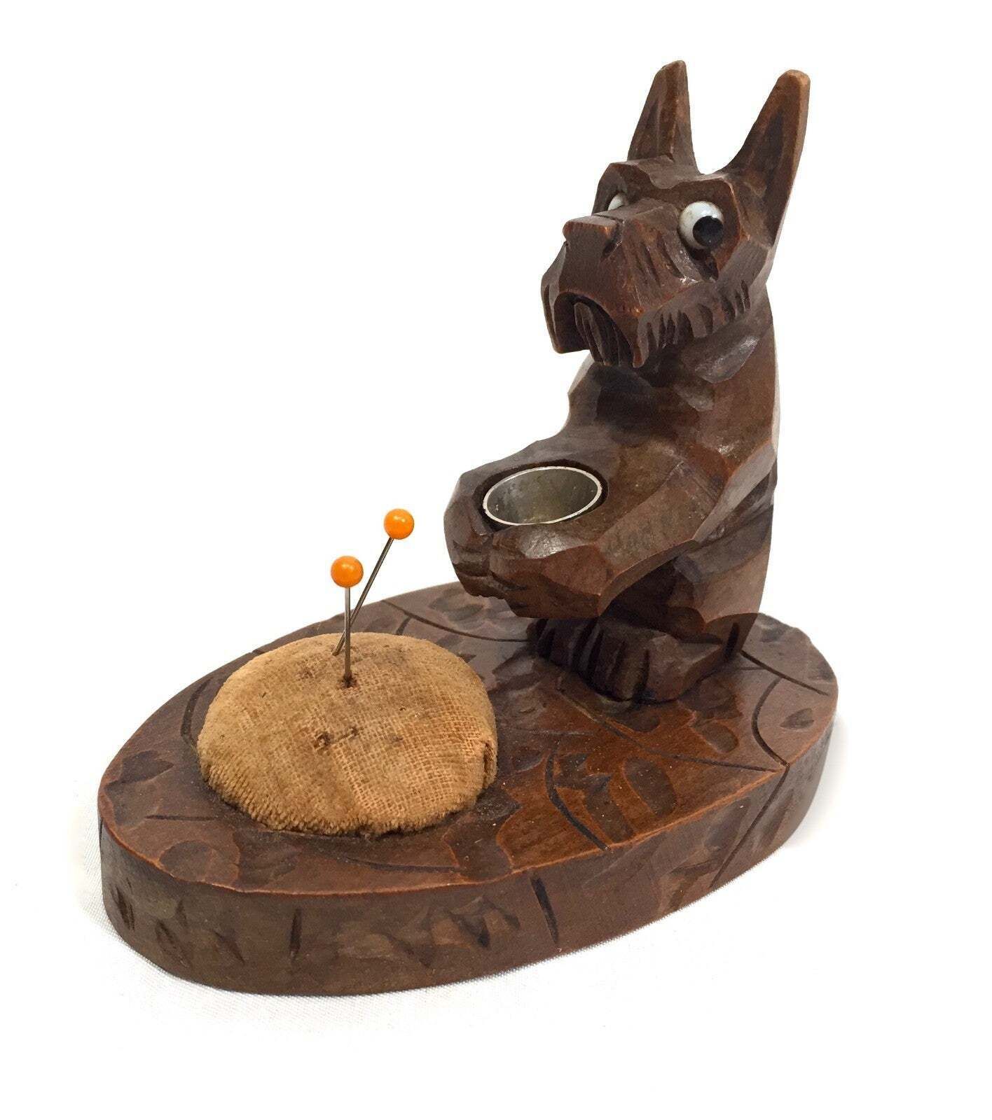 Antique Wooden Hand Carved Desktop Scottie Dog Needle & Thimble Holder C.1930