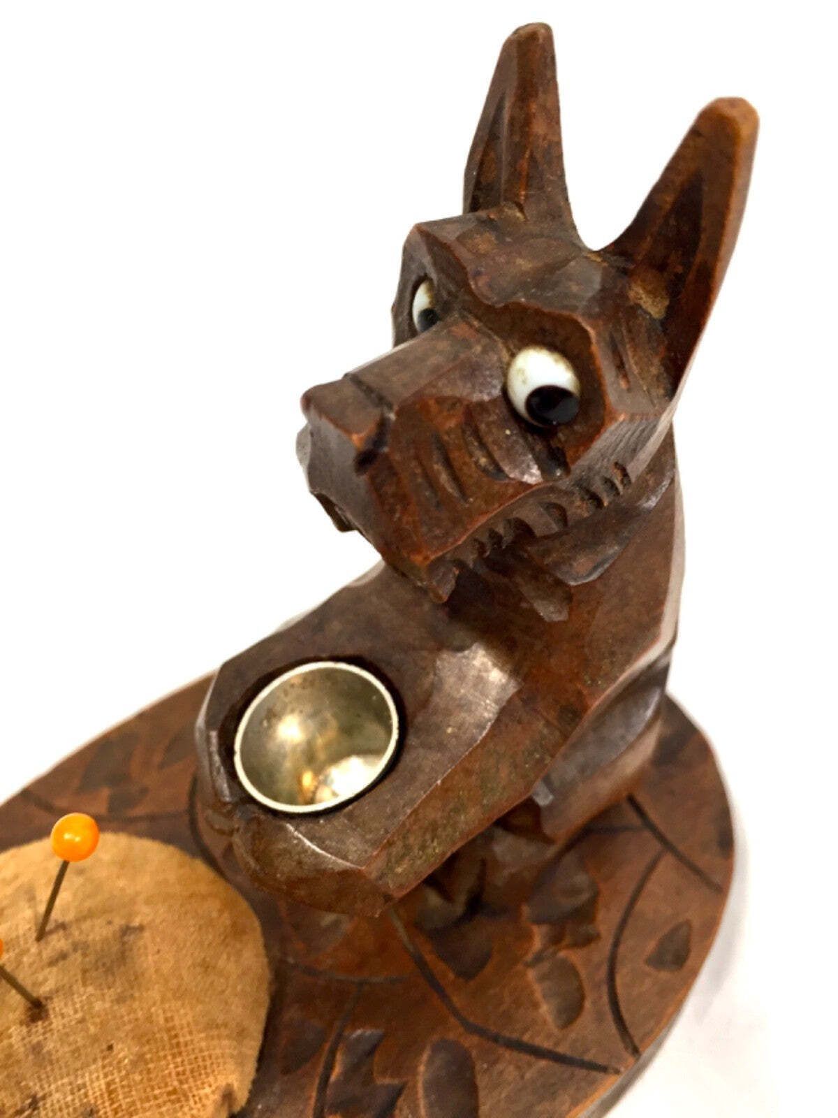 Antique Wooden Hand Carved Desktop Scottie Dog Needle & Thimble Holder C.1930 photo for sale