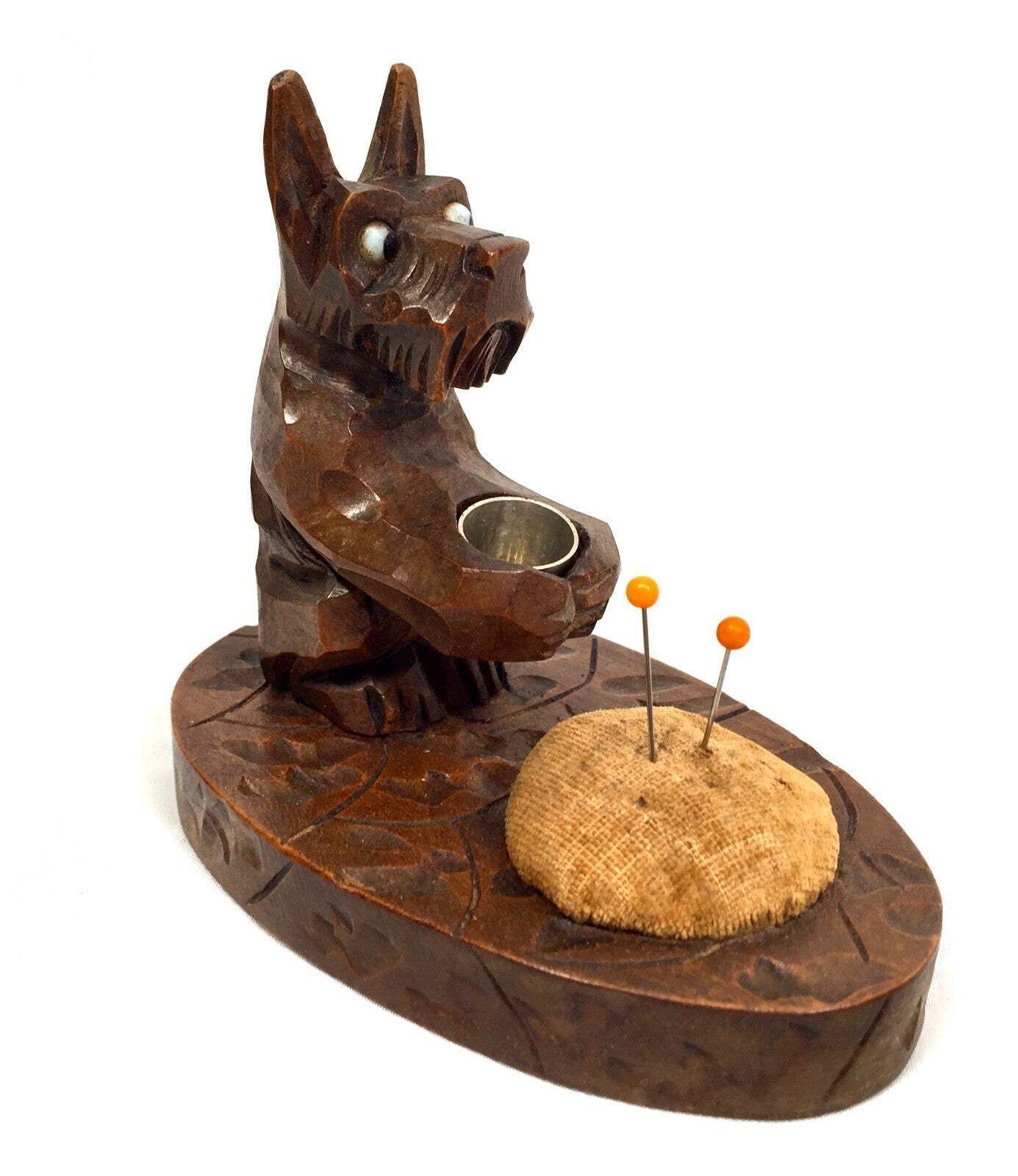Antique Wooden Hand Carved Desktop Scottie Dog Needle & Thimble Holder C.1930 photo 79.0