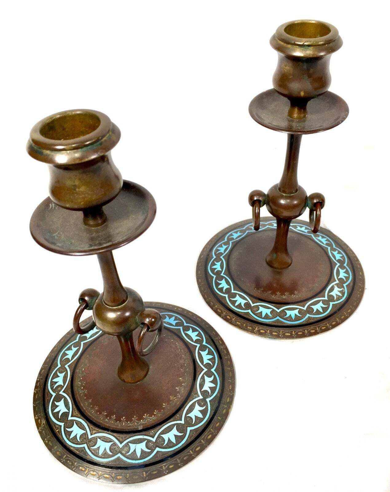 photo furniture Antique Pair Of Brass Art Nouveau Candle Stick Holders / Decorative Blue Inlay