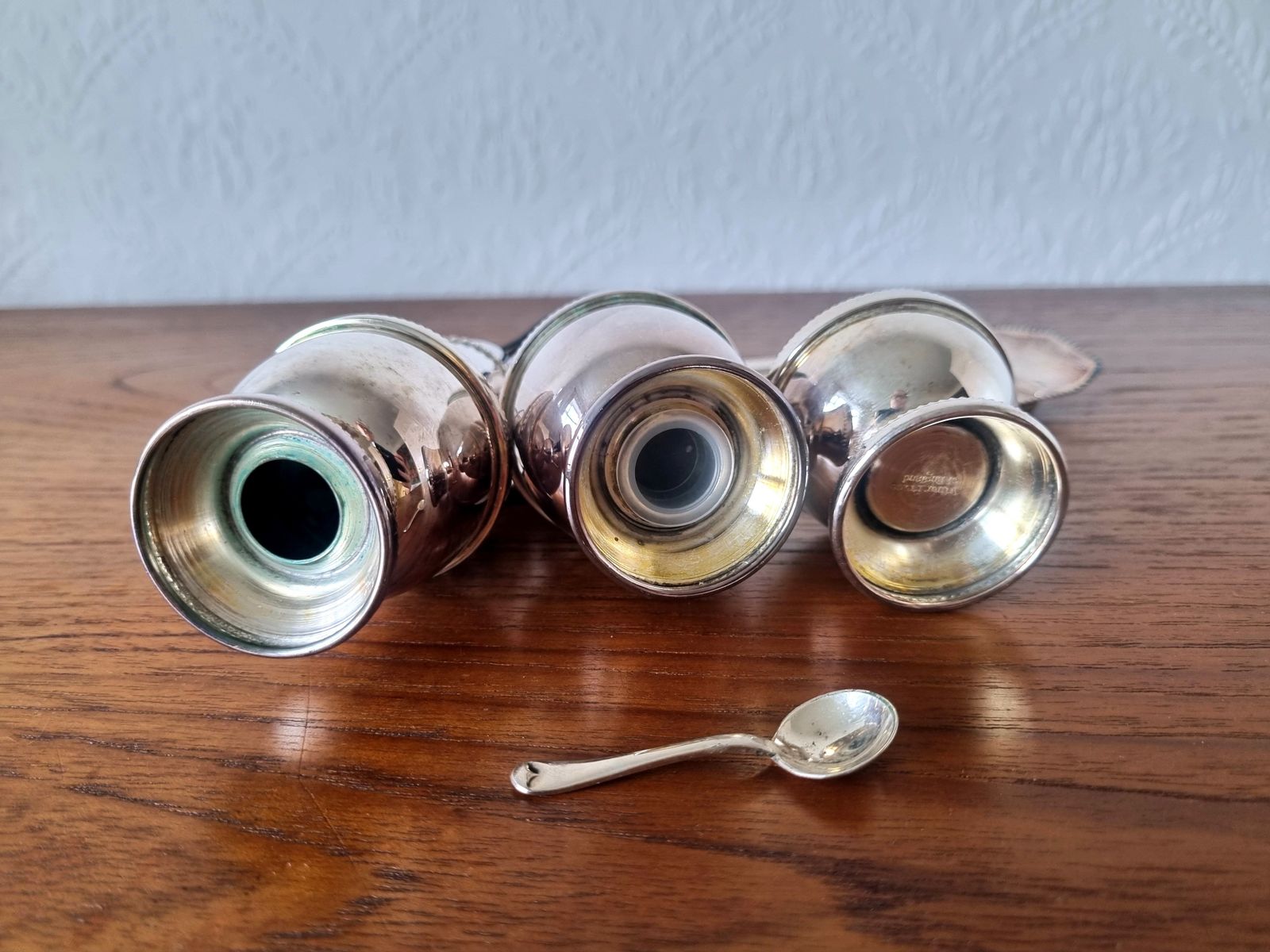 Cruet Condiment Set, Arthur Price England Silver Plate, Salt Pepper Mustard With Blue Glass Liner photo buy