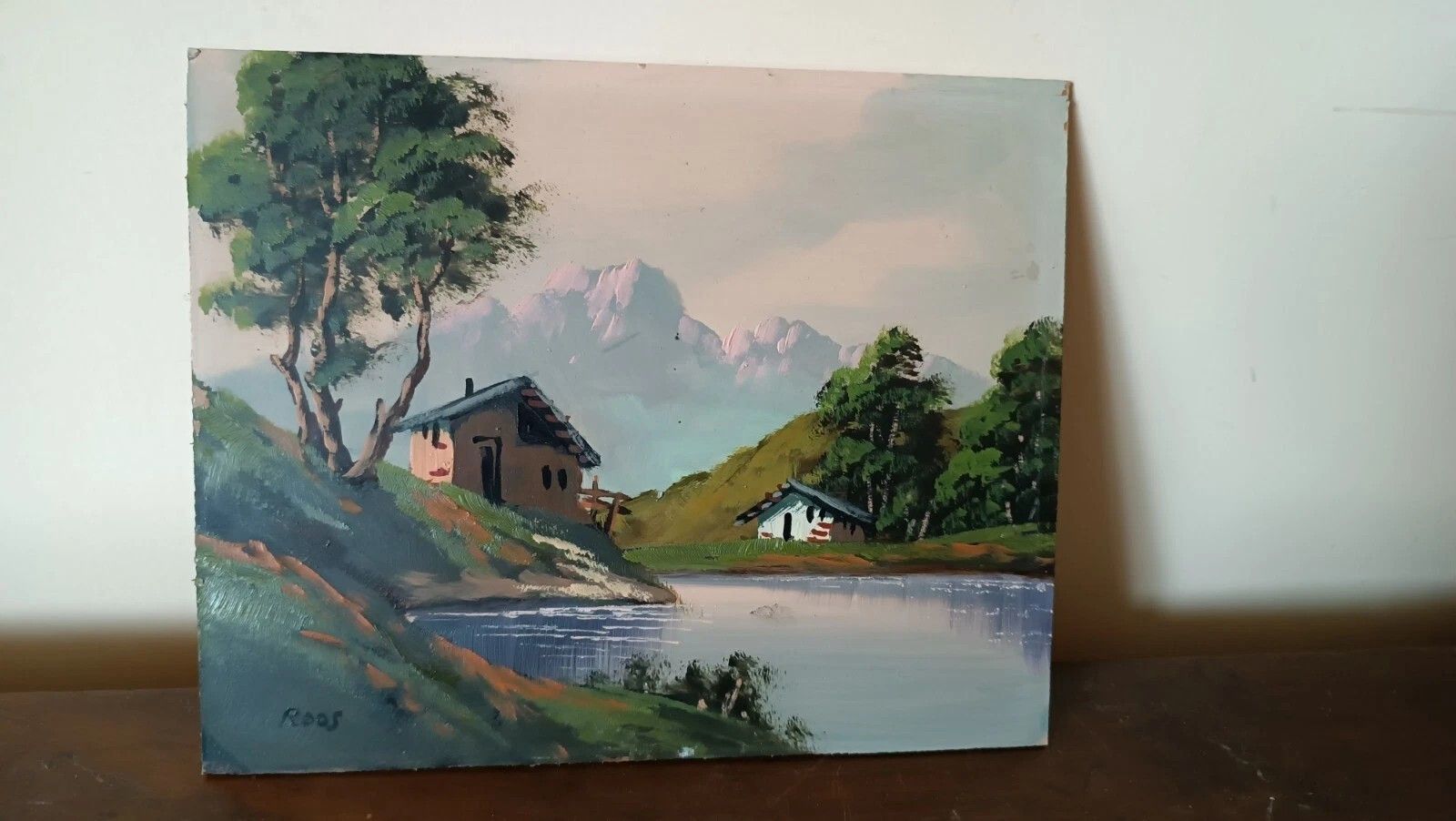 3 Oil Paintings On Faesite 1950s Signed Roos Mountain Landscape Mountain photo for sale