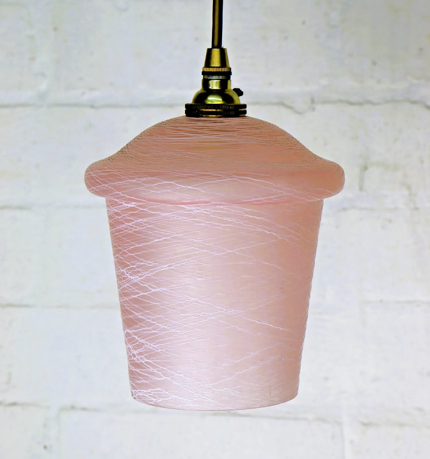 Ceiling Light 1950's Mcm Pink Glass Lampshade Pendant White Spun Glass Overlay