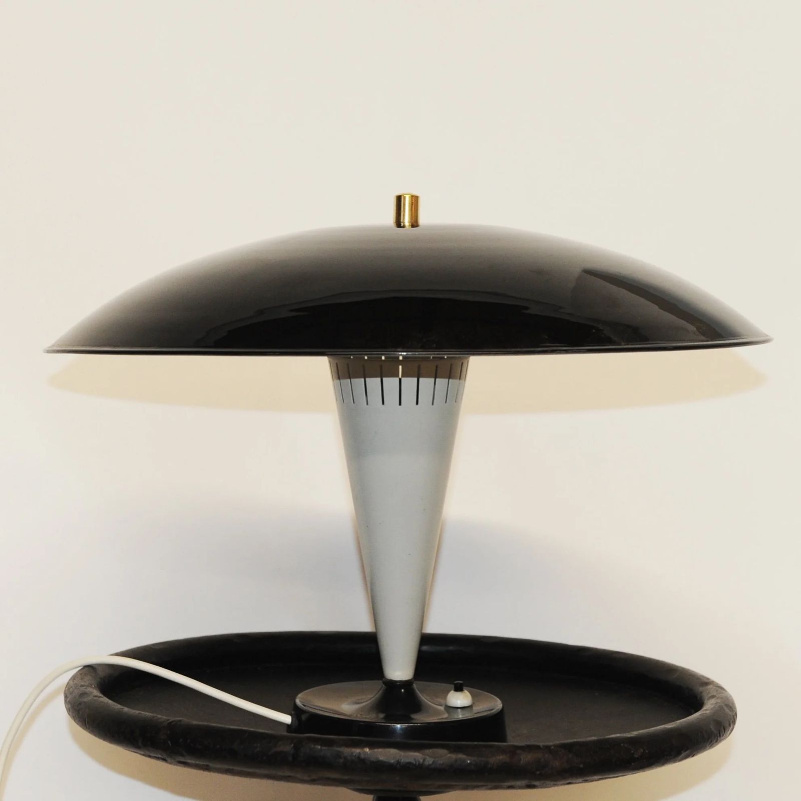 Vintage Mid Century Black & White Conical Saucer Shade Desk Lamp, 1960s photo vintage
