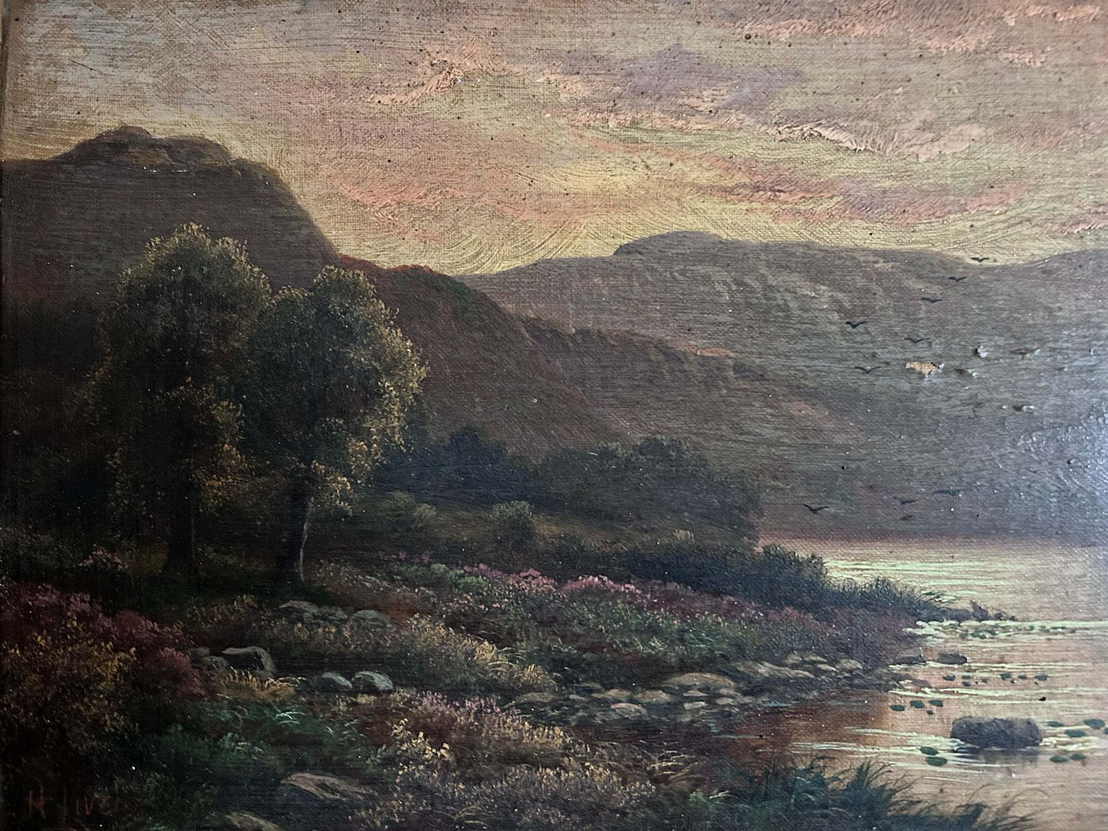 Victorian Antique Scottish Highland Loch Oil Painting On Canvas photo vinterior