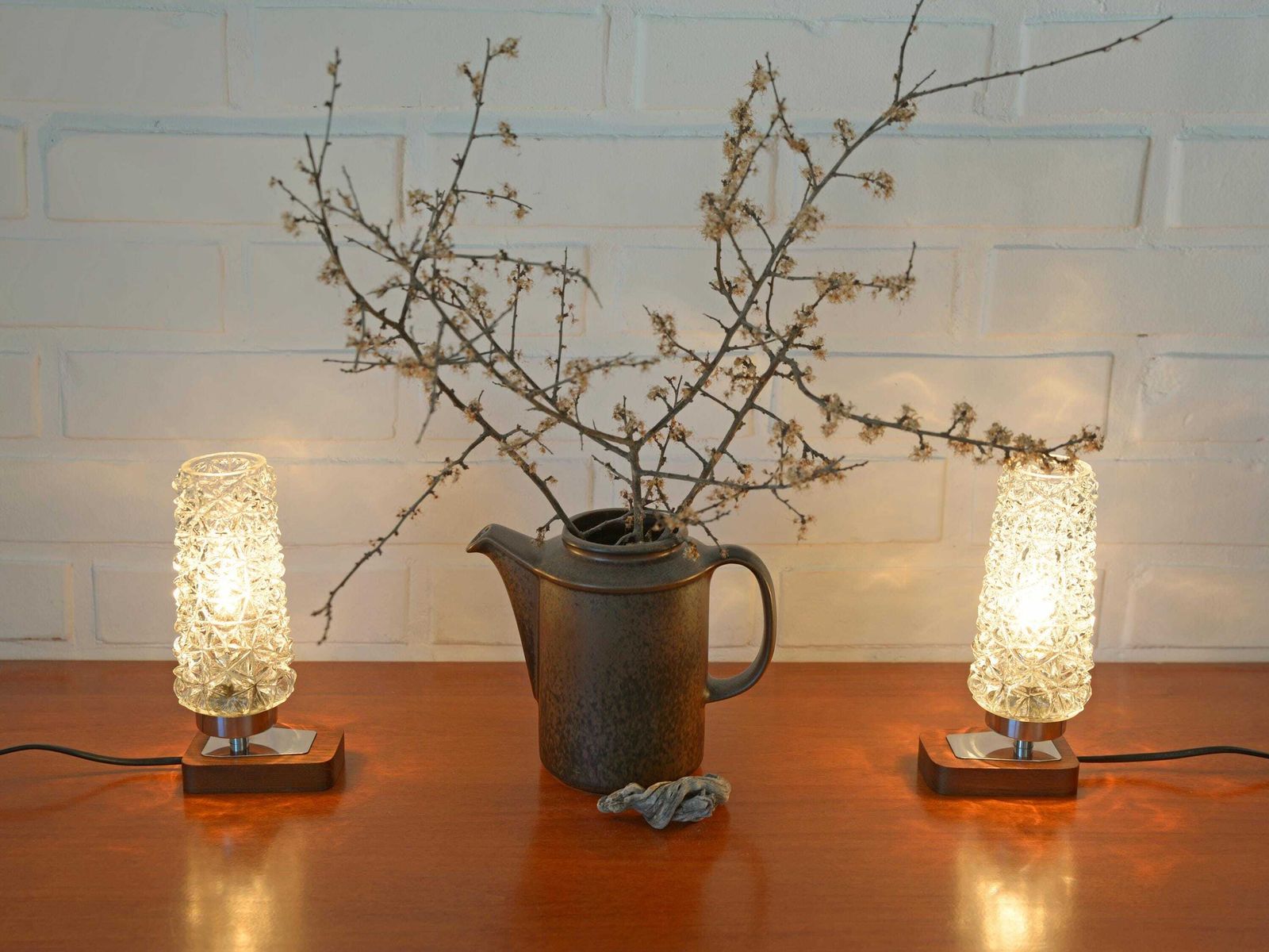 Pair Of Vintage Bedside Lamps / Nightstand Teak Wood Mcm Desk Lighting / Scandinavian Design photo Lighting
