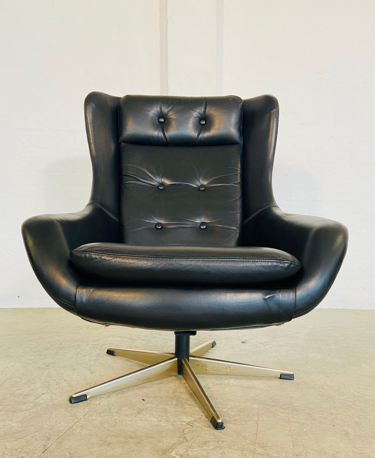 Vintage Danish Mid Century Black Leather Swivel Chair 1970,S photo for sale