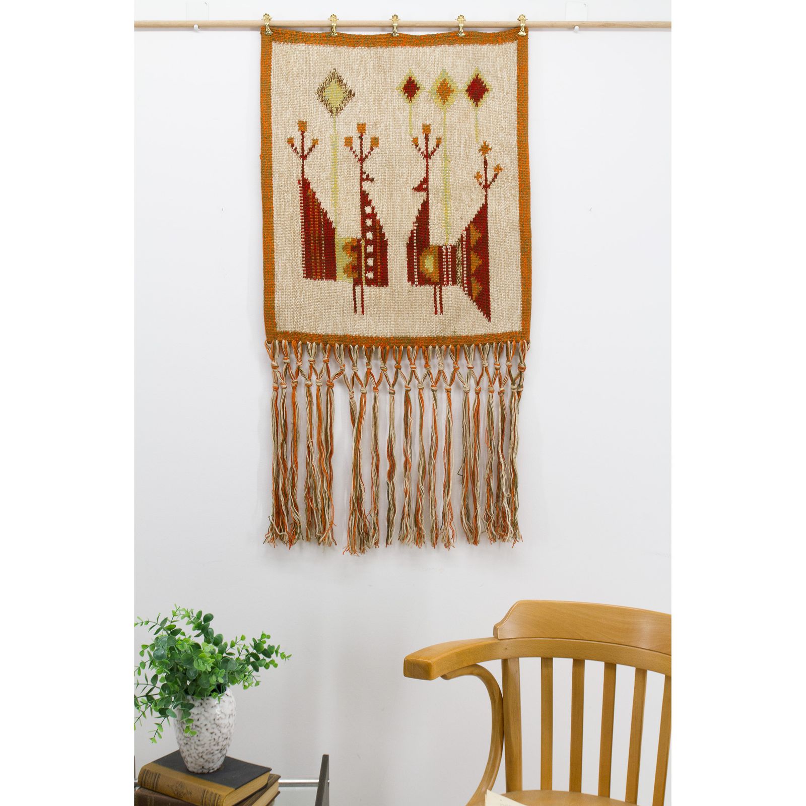 Mid Century 1970s Handwoven Wool Wall Hanging W Stylized Peacocks, By Eva Nemeth photo Art
