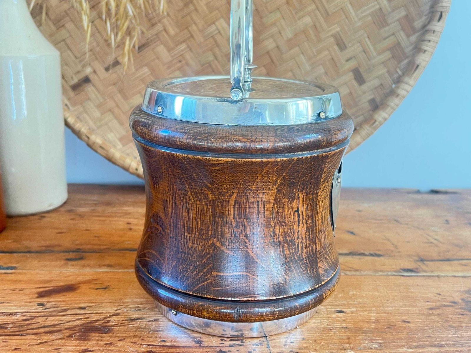 Rare Waisted Oak & Silver Plate Ice Bucket – Hourglass Biscuit Barrel – Antique English Treen – Monogrammed Silver Shield – Barware Decor photo Home Decor