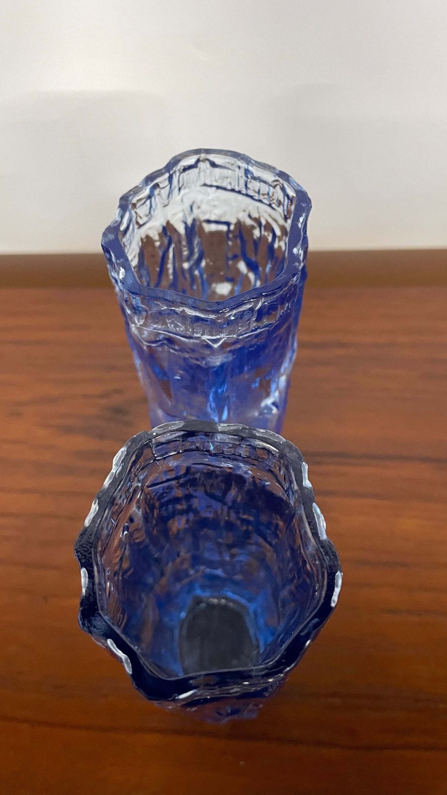Pair Of Vintage Mid Century Ravenhead Blue Glass Vases – Textured Bark Effect photo 110.0