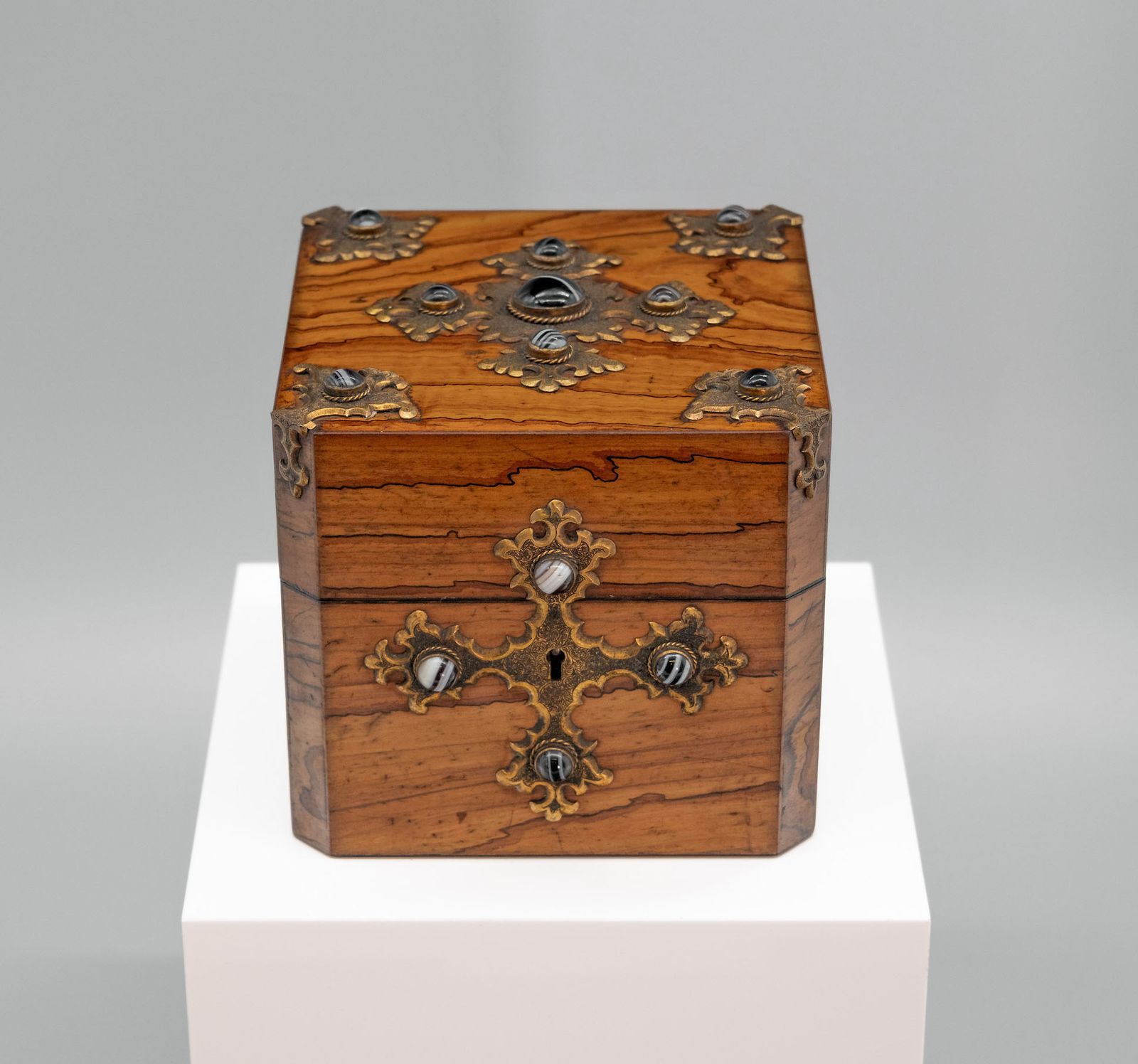 Gothic Revival Olive Wood With Banded Agate Cabochons Jewellery Casket Box Circa 1880 photo buy