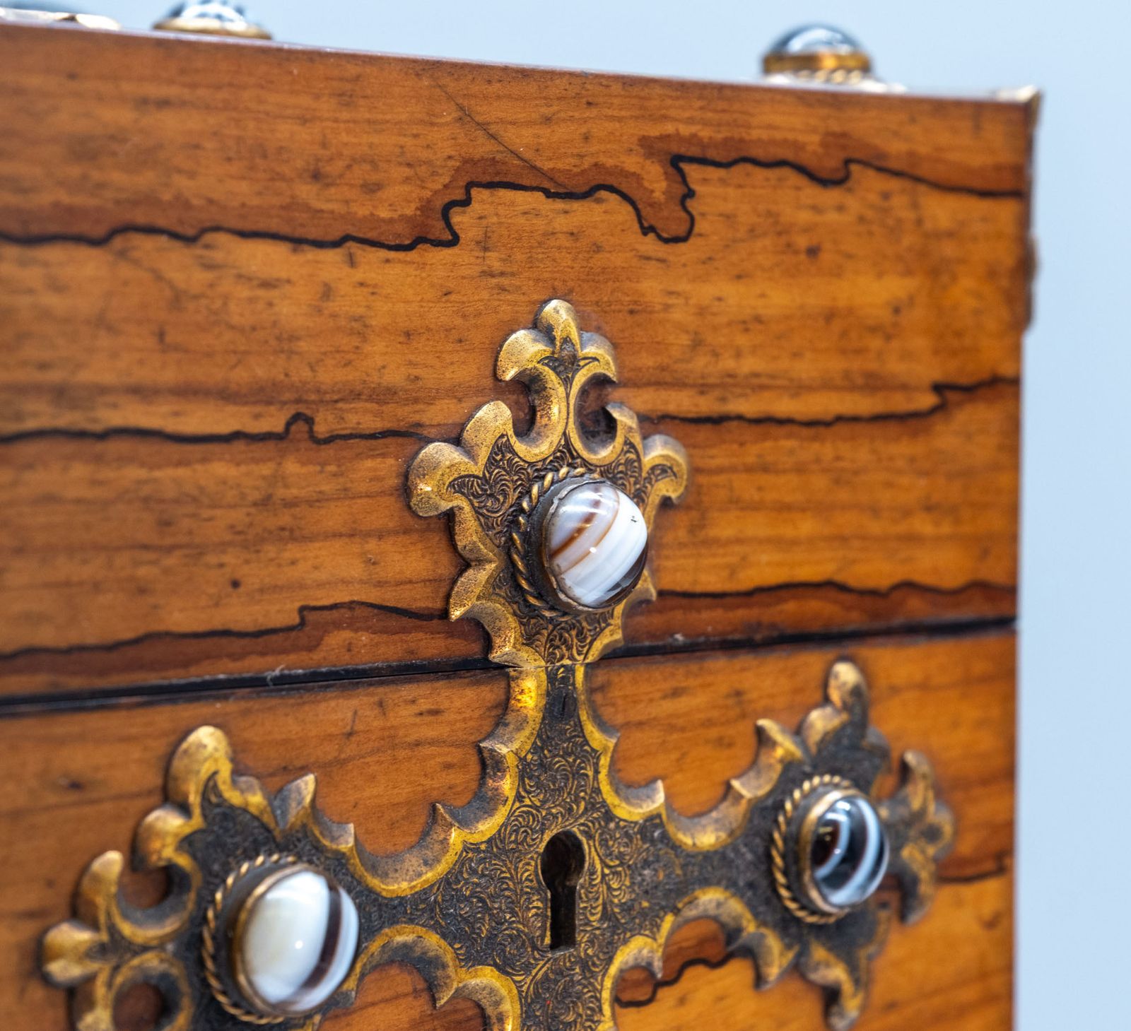 Gothic Revival Olive Wood With Banded Agate Cabochons Jewellery Casket Box Circa 1880 photo Home Decor