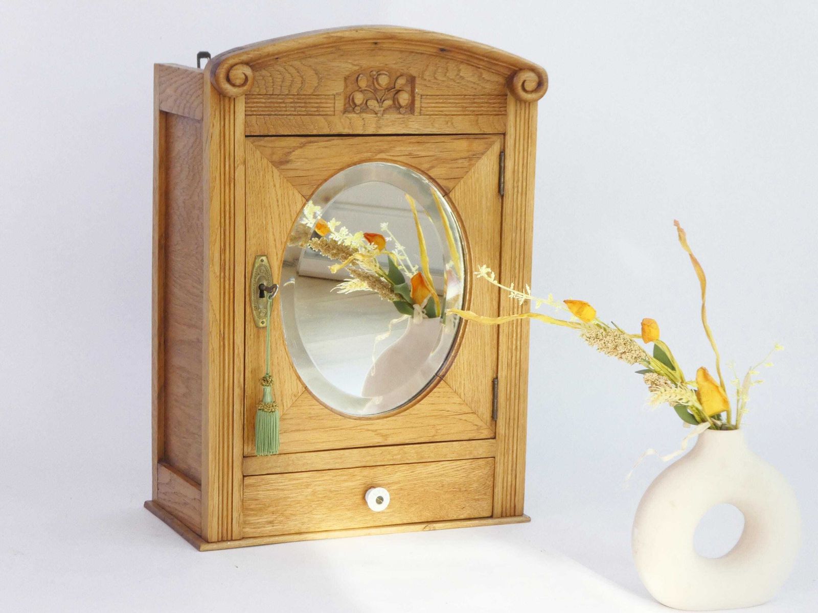 Art Deco Wooden Cabinet With Oval Mirror, Antique Carved Floral Apothecary With Beveled Mirror, Small Chest With Lock, Farmhouse Decor