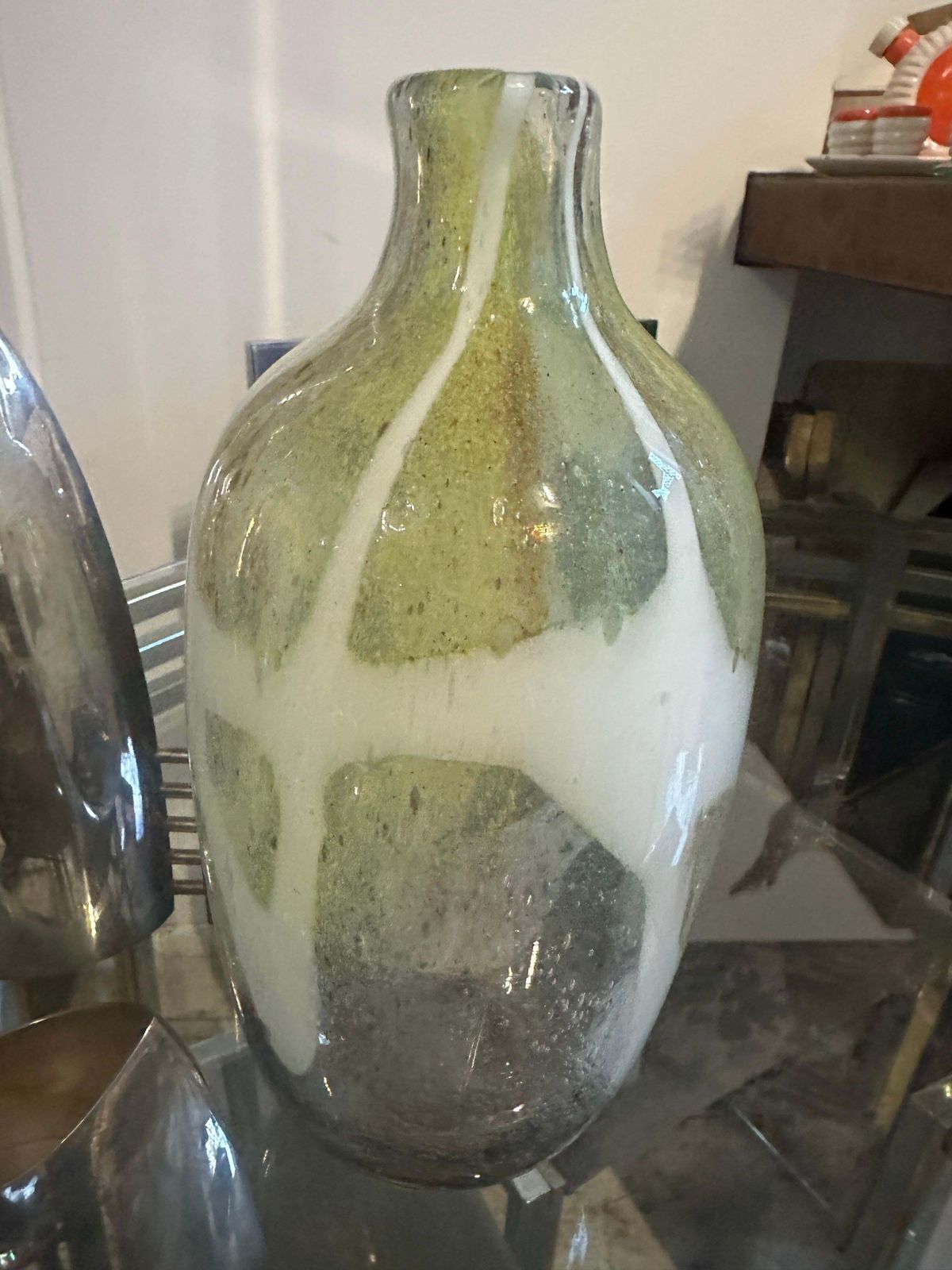 1980s Nason Style Modern Green And White Murano Glass Bottle Vase photo furniture
