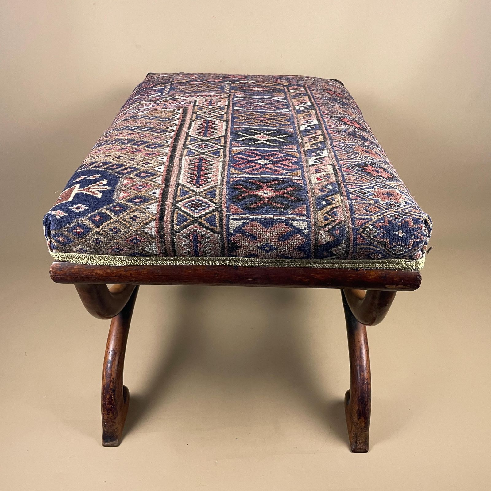 photo for sale Antique Hallway Bench X Frame Curule Stool Upholstered Carpet Top Seat Wooden Legs Cottage Farmhouse Furniture Regency Savonarola Style