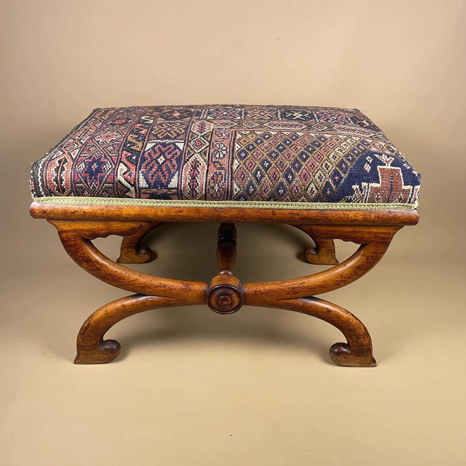 795.0 Antique Hallway Bench X Frame Curule Stool Upholstered Carpet Top Seat Wooden Legs Cottage Farmhouse Furniture Regency Savonarola Style photo